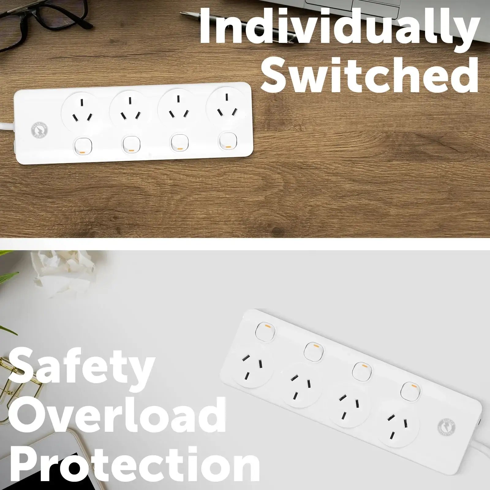 Four outlet surge protector powerboard with individual switches and overload protection