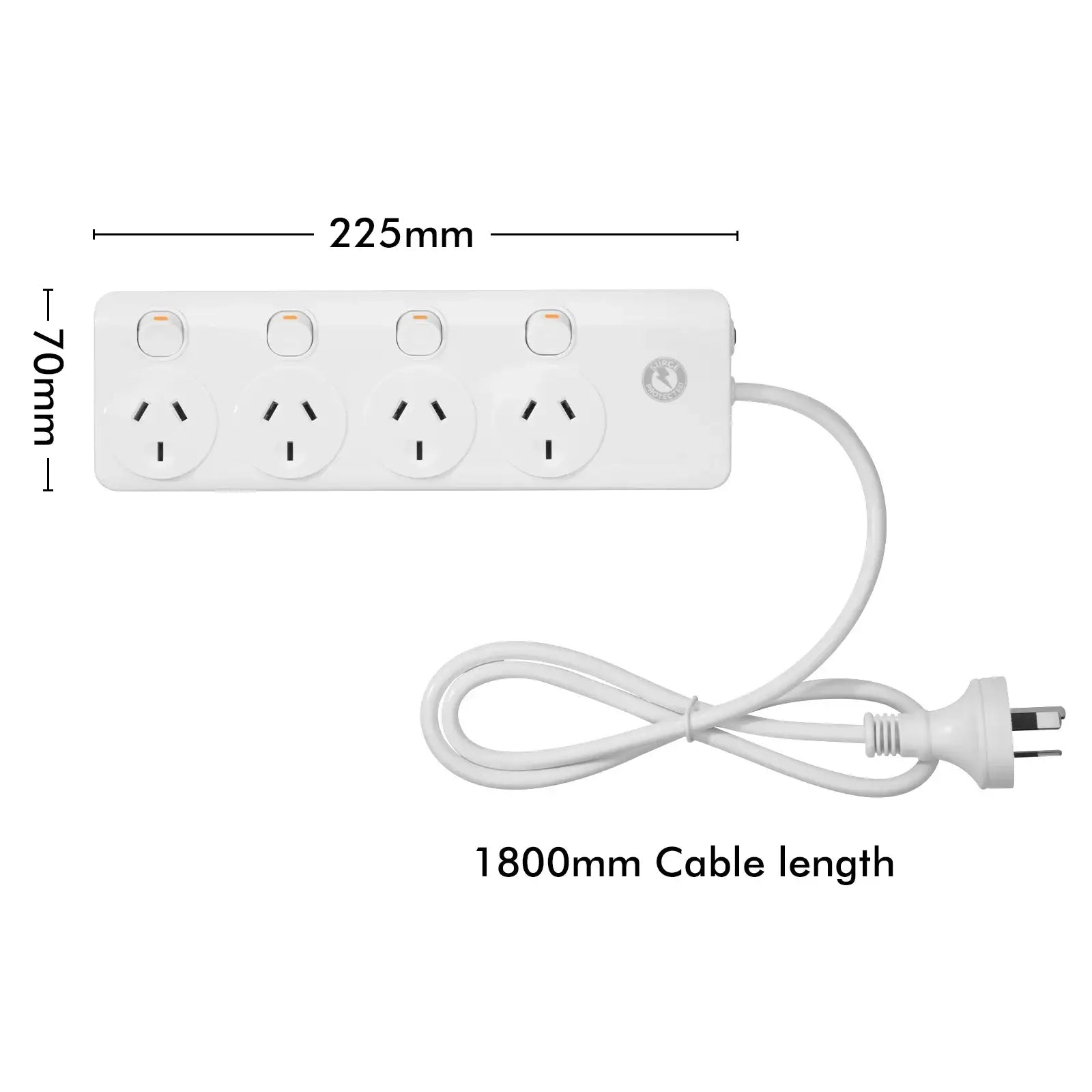 4 outlet power board with 4 switches, surge protection, 225mm x 70mm, 1800mm cable
