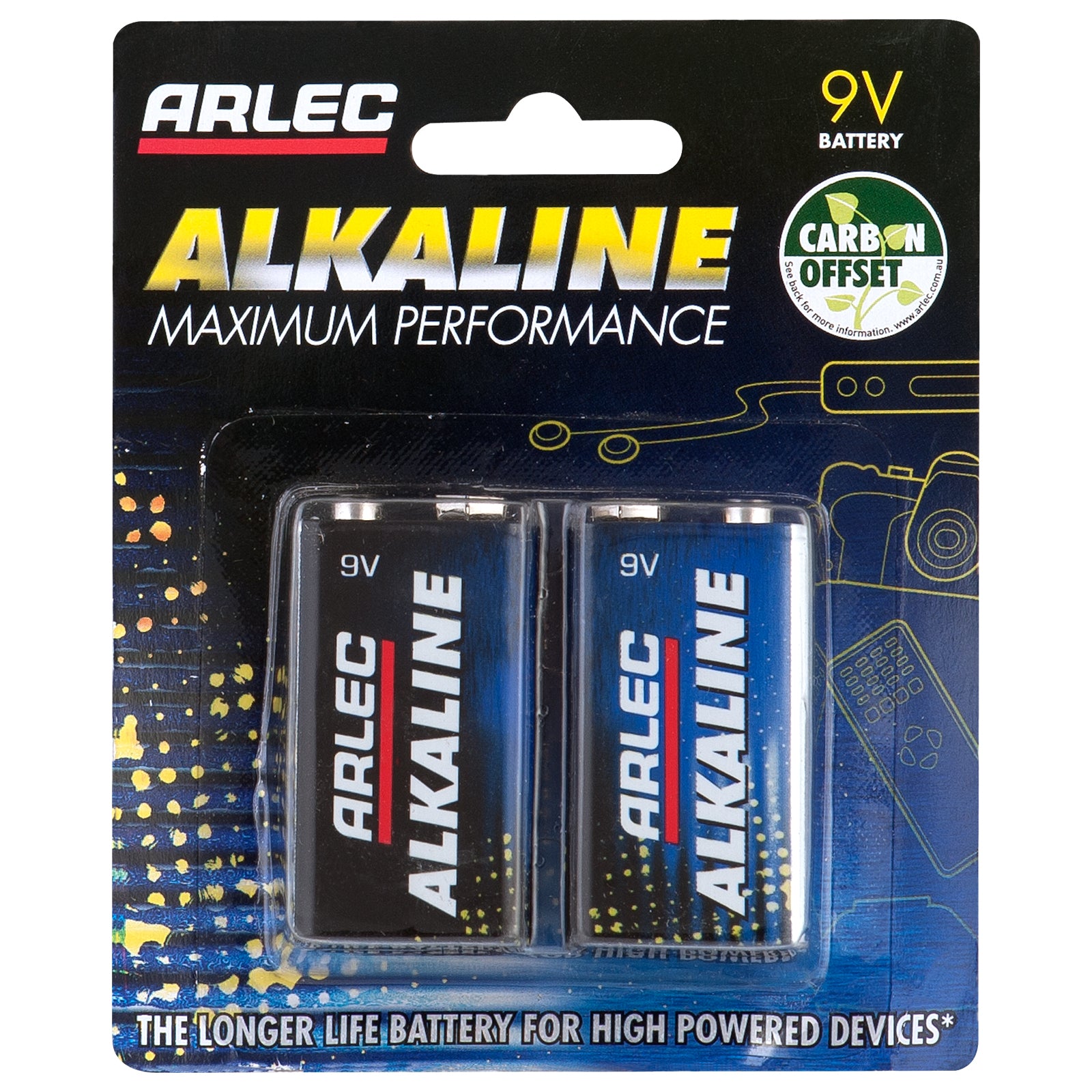 2 pack 9V alkaline batteries – Arlec for high drain devices