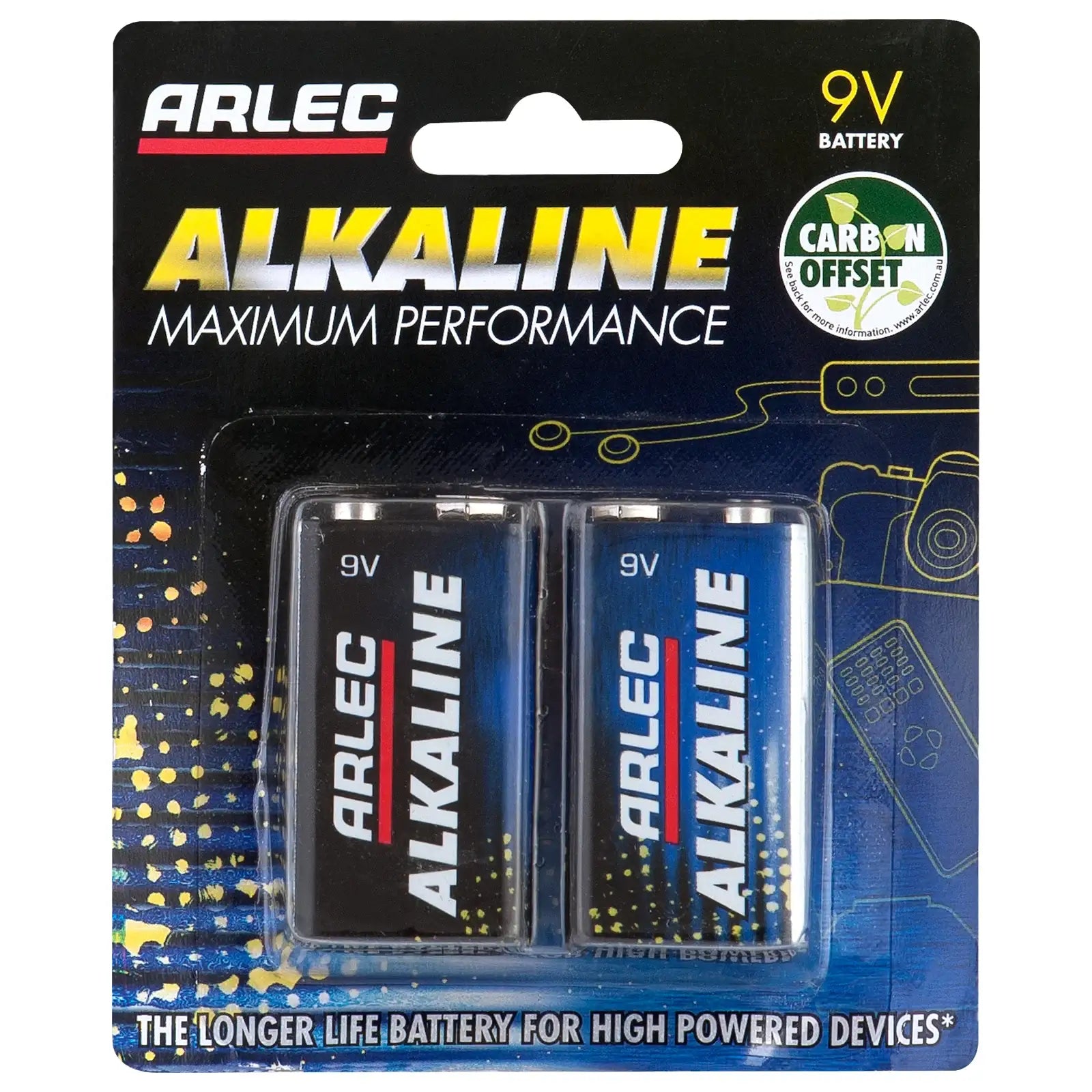 2 pack 9V alkaline batteries – Arlec for high drain devices