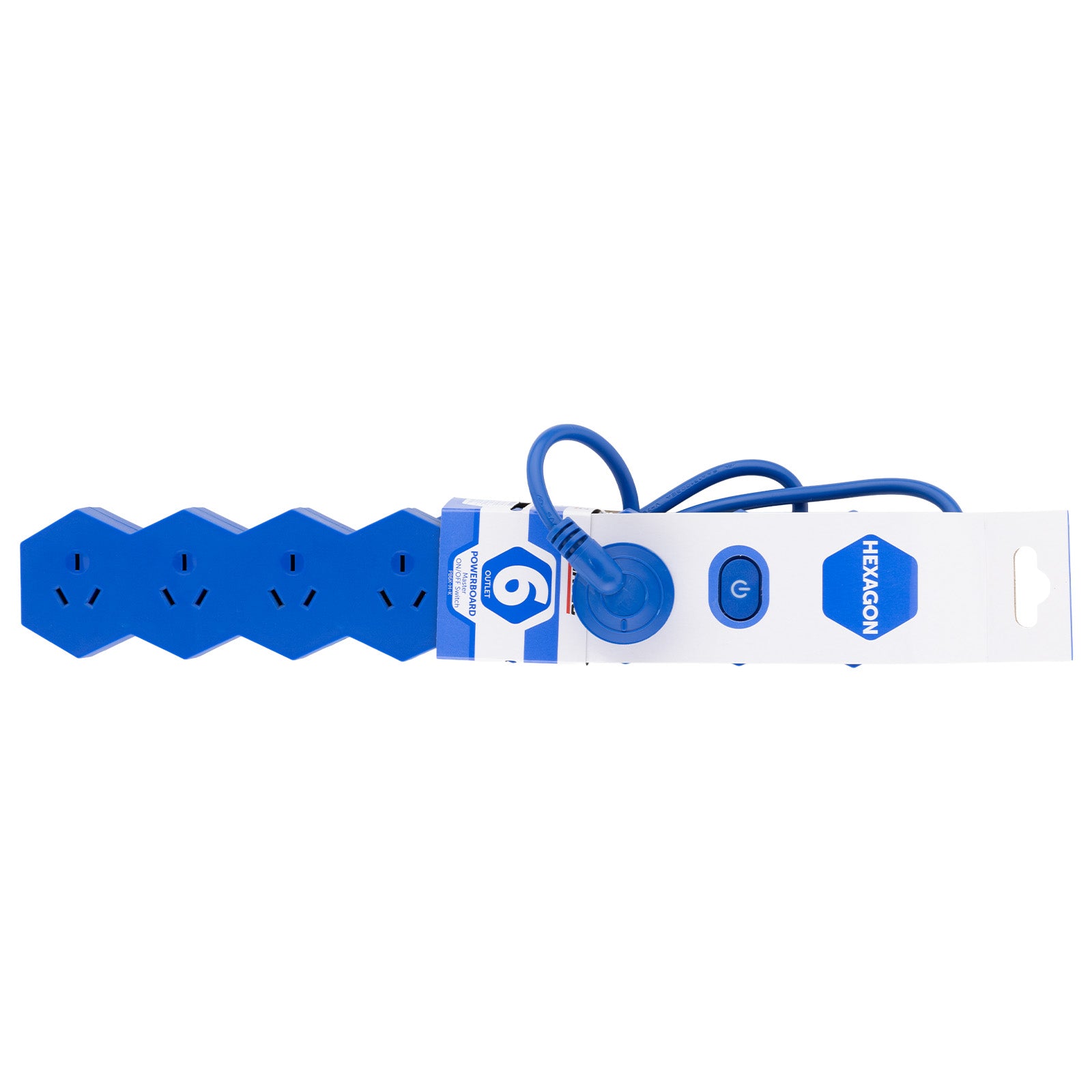 6 outlet blue powerboard – hex – stylish blue powerboard for electronics and media