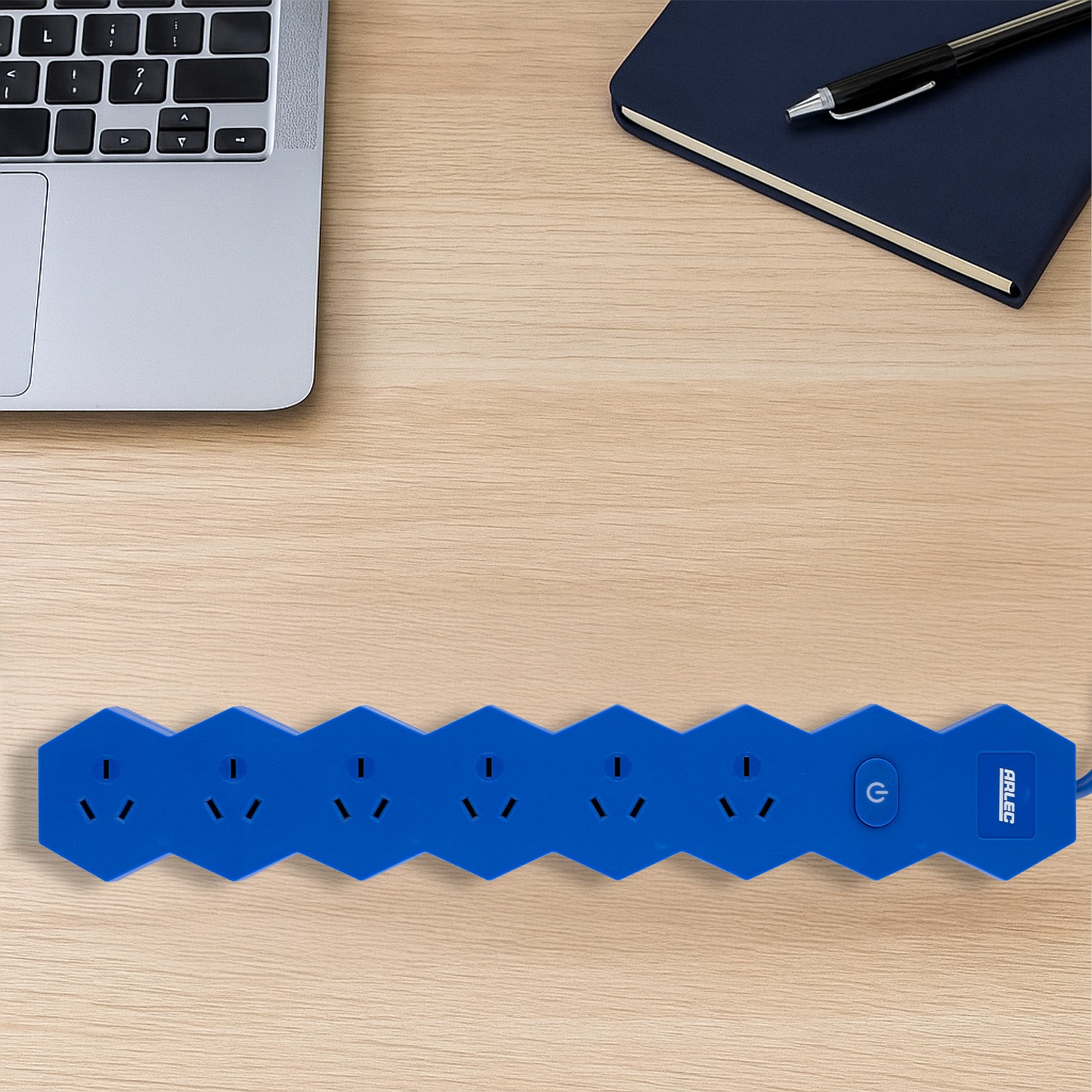 6 outlet blue powerboard – hex – stylish blue powerboard for electronics and media
