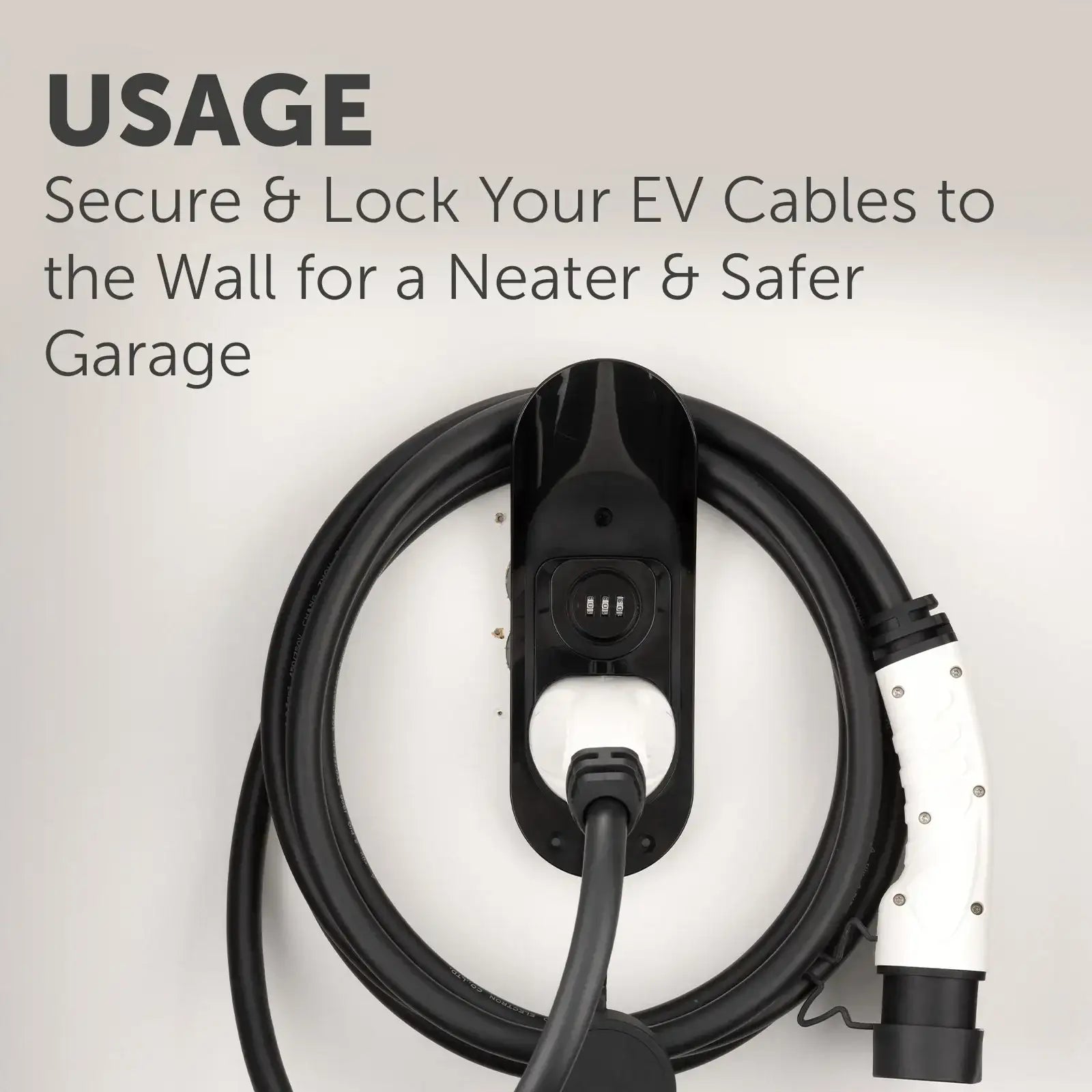 Arlec heavy duty lockable Type 2 EV charger cable holder mounted on wall with cable coiled