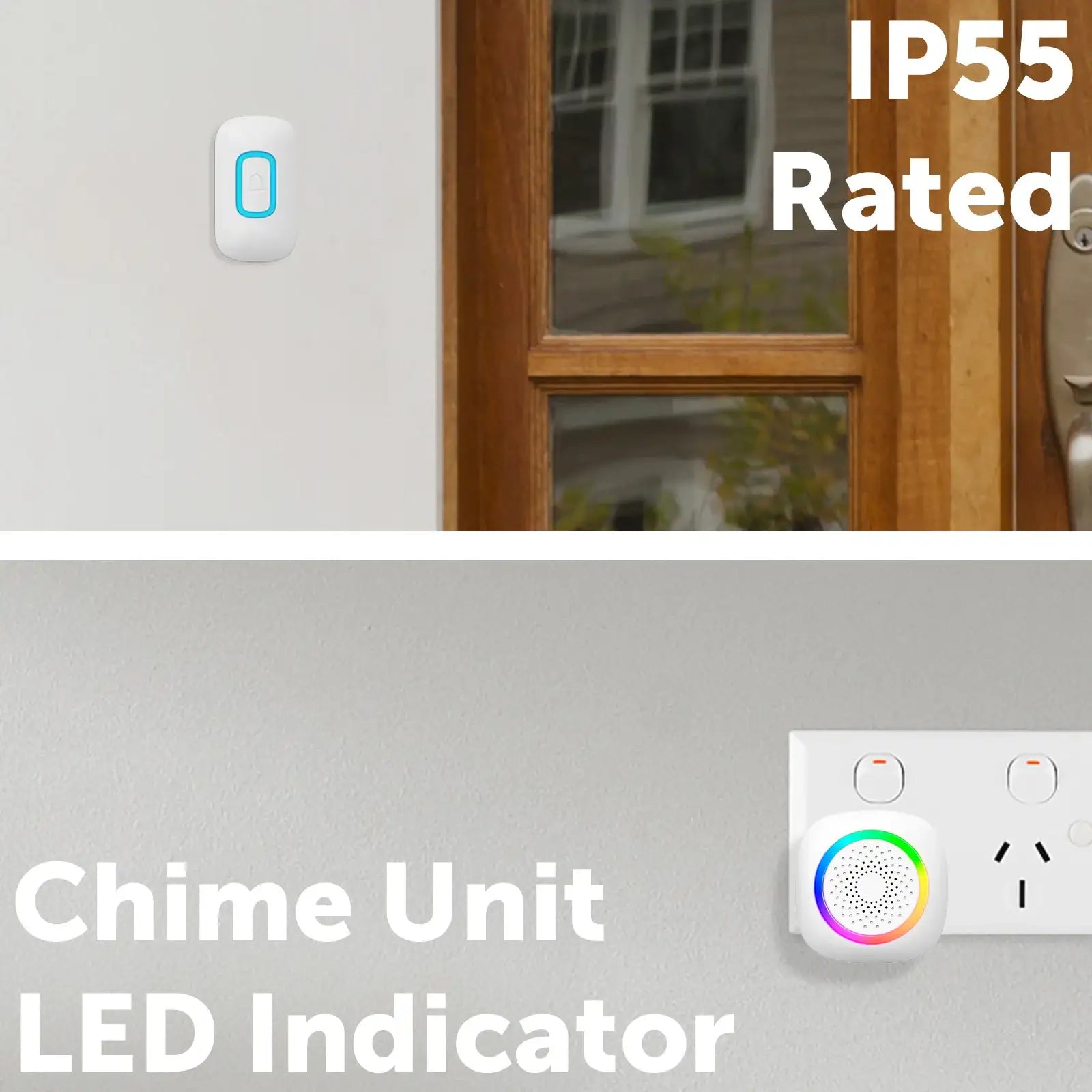 Arlec 200m White Wireless Dual Plug-in RGB Door Chime with Push Button – wireless door chime, smart doorbell chime, plug-in doorbell