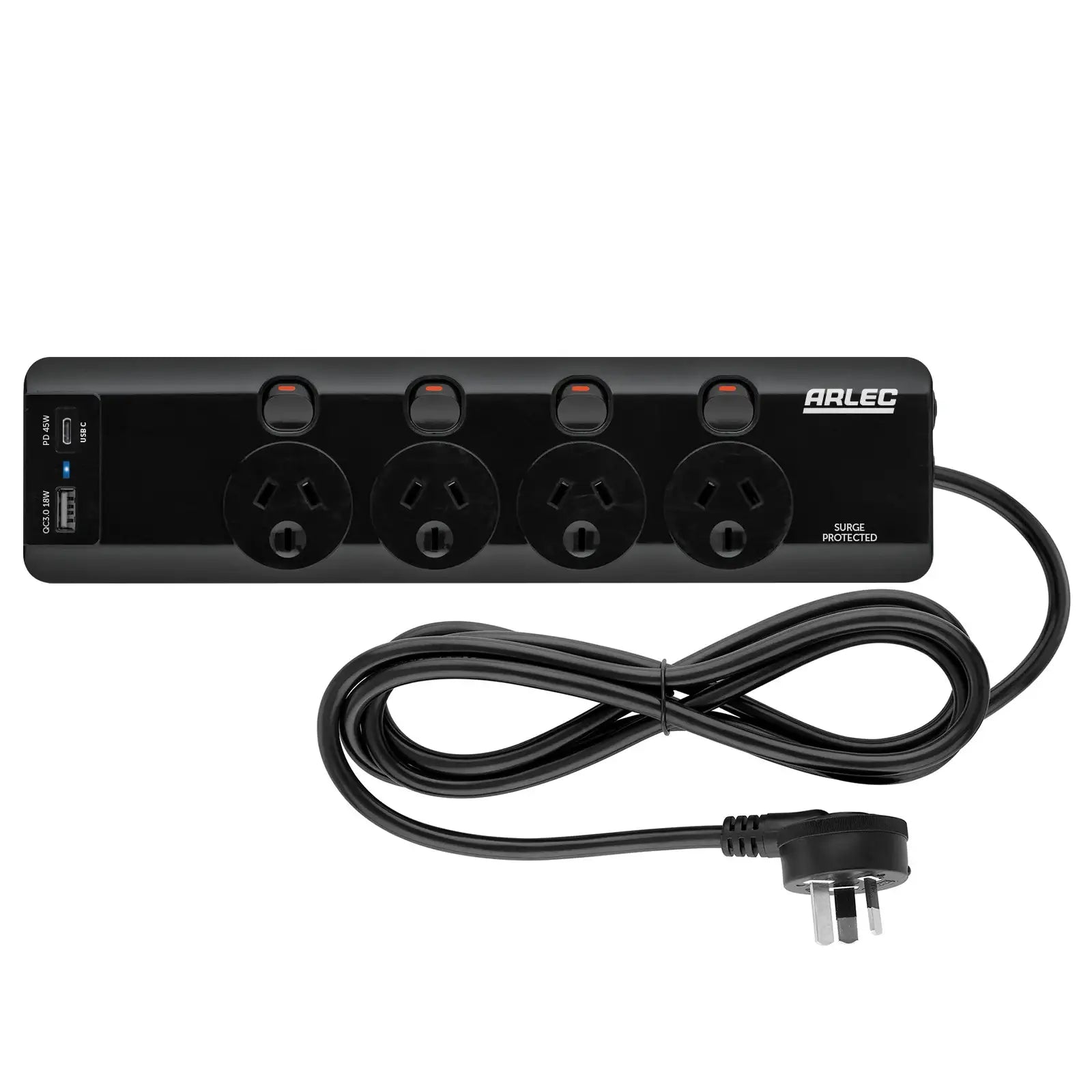 Arlec 4 Outlet Individually Switched Surge Powerboard with PD45W Rapid Charging USB A & C – powerboard with USB fast charging, surge protection, extension lead Australia