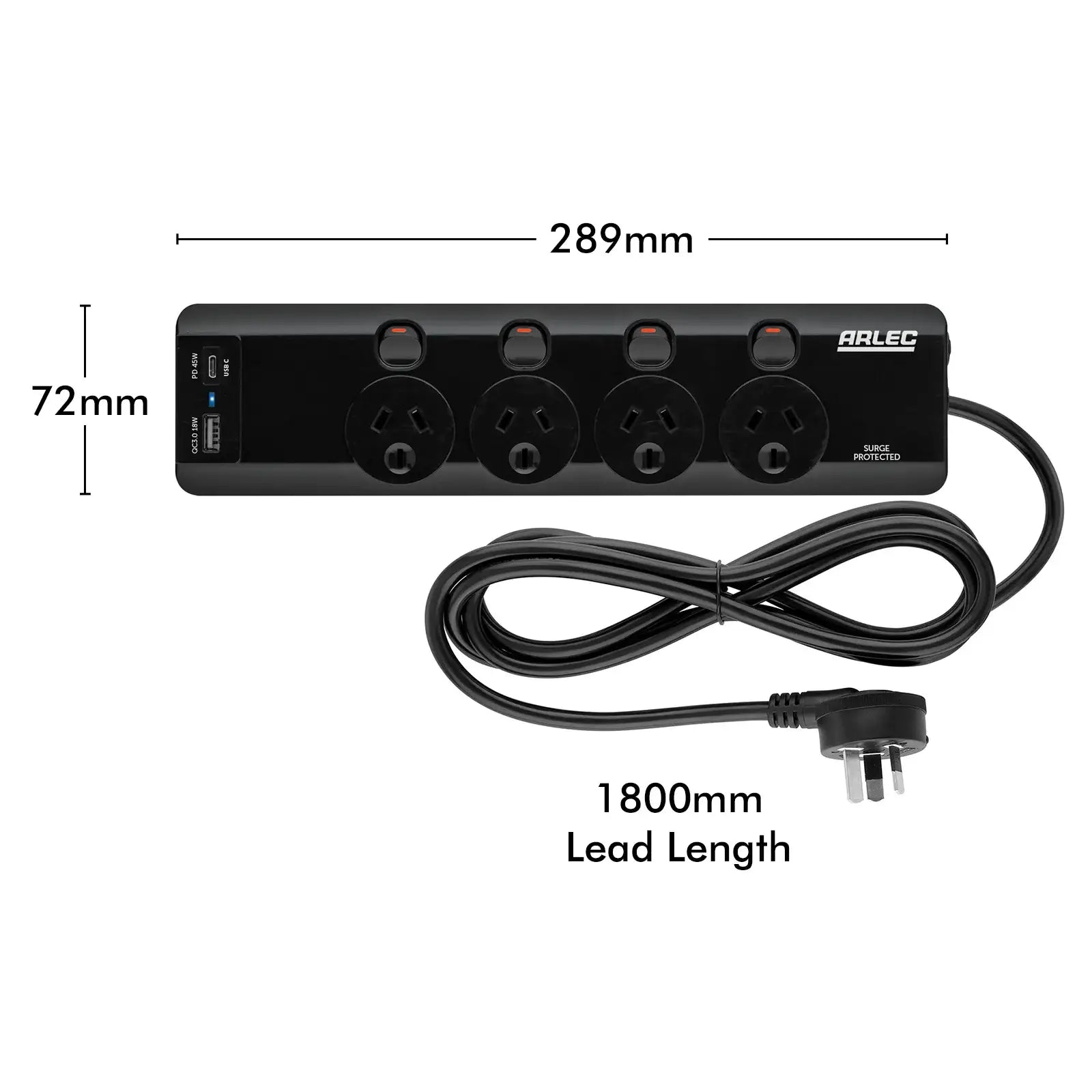 Arlec 4 Outlet Individually Switched Surge Powerboard with PD45W Rapid Charging USB A & C – powerboard with USB fast charging, surge protection, extension lead Australia