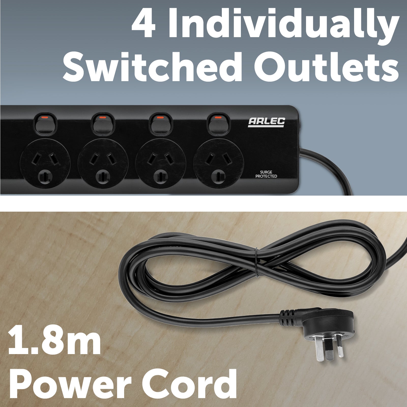 Arlec 4 Outlet Individually Switched Surge Powerboard with PD45W Rapid Charging USB A & C – powerboard with USB fast charging, surge protection, extension lead Australia