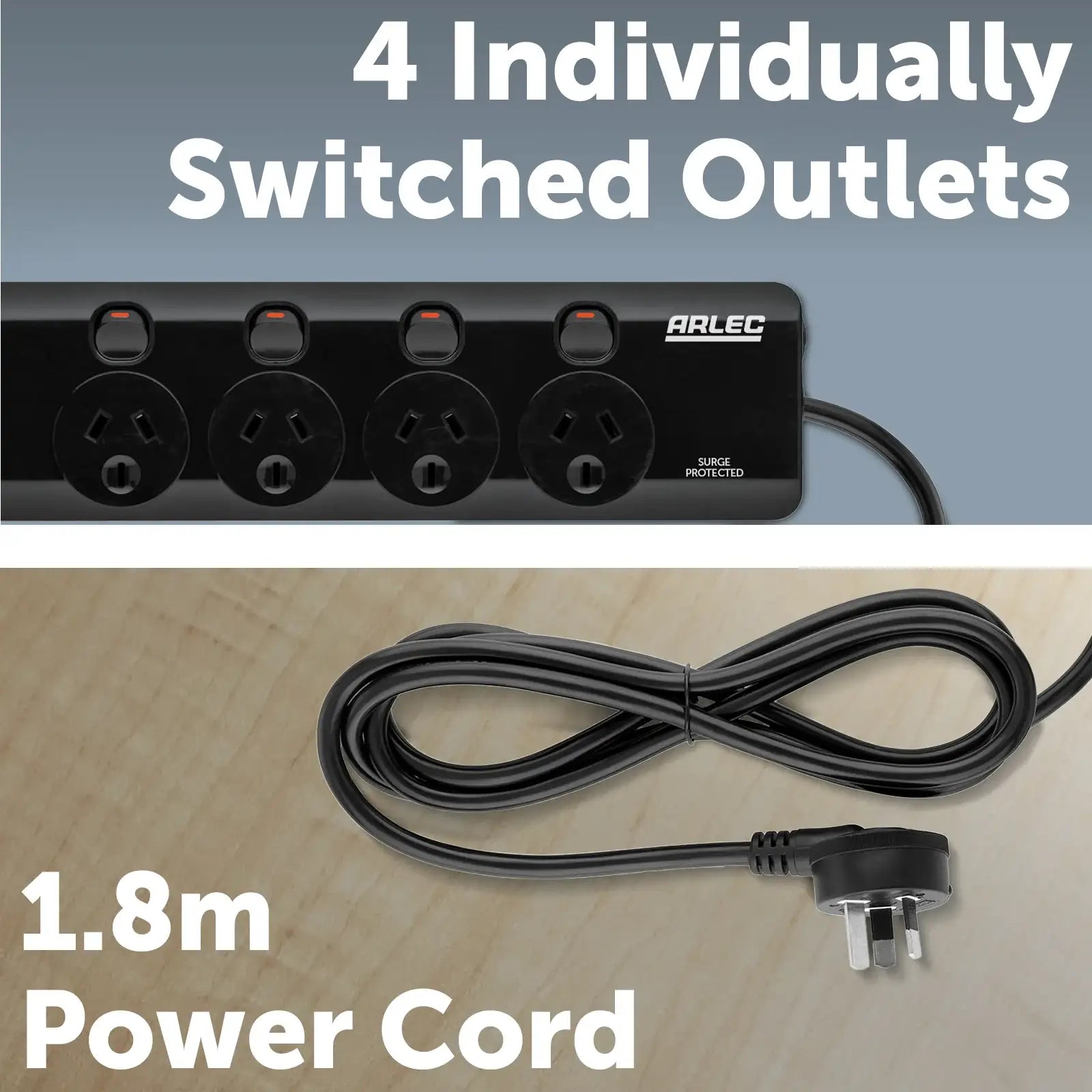Arlec 4 Outlet Individually Switched Surge Powerboard with PD45W Rapid Charging USB A & C – powerboard with USB fast charging, surge protection, extension lead Australia