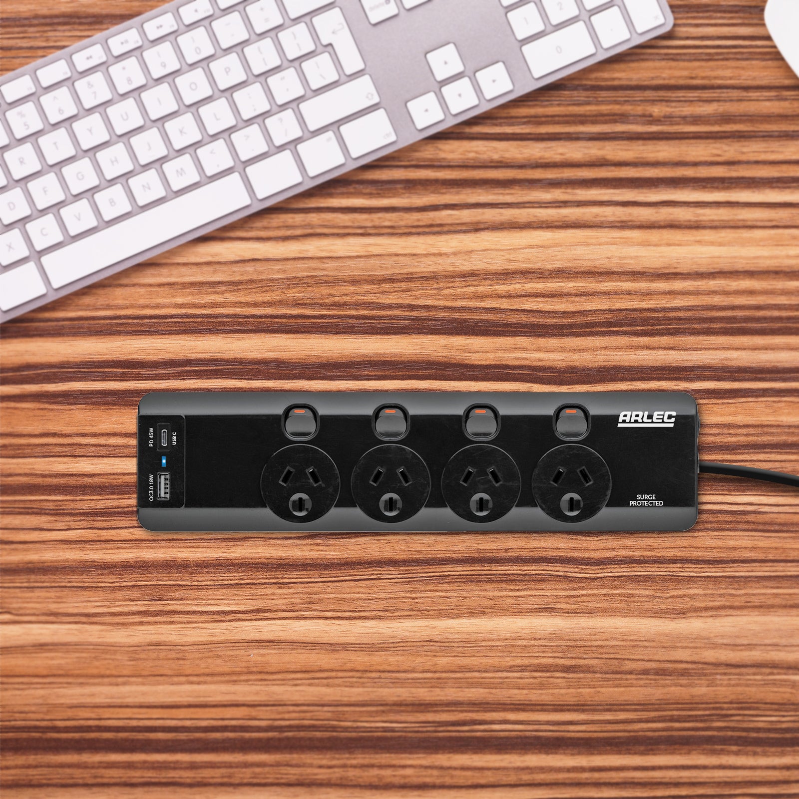 Arlec 4 Outlet Individually Switched Surge Powerboard with PD45W Rapid Charging USB A & C – powerboard with USB fast charging, surge protection, extension lead Australia