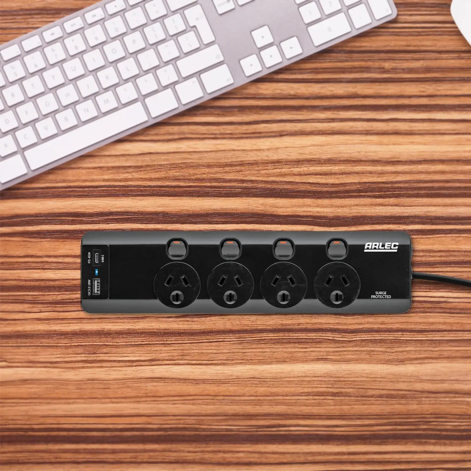 Arlec 4 Outlet Individually Switched Surge Powerboard with PD45W Rapid Charging USB A & C – powerboard with USB fast charging, surge protection, extension lead Australia