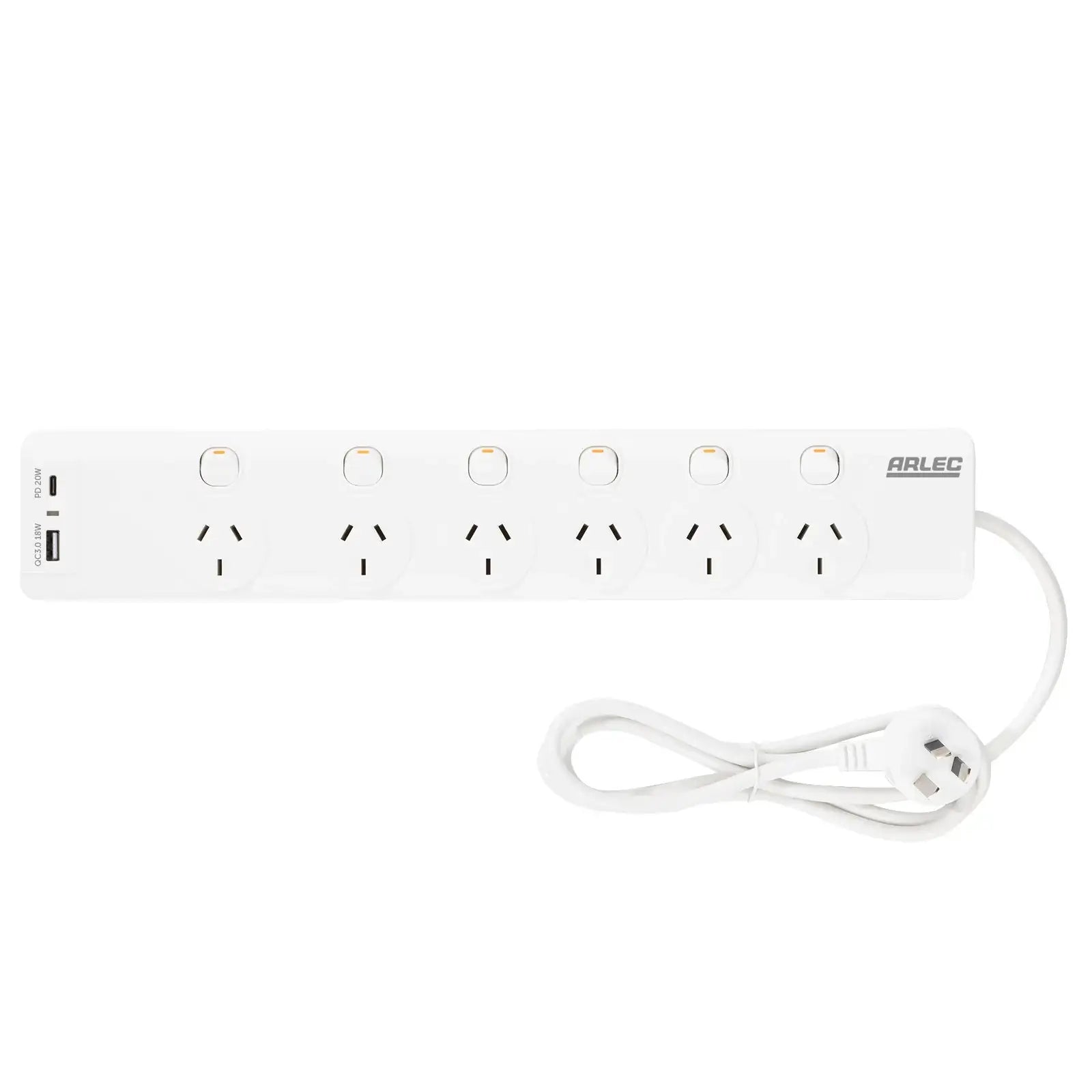Arlec 6 Outlet Surge Protected Powerboard with PD20W Rapid Charging USBs - USB fast charging board, surge protected extension, 6 outlet home office board