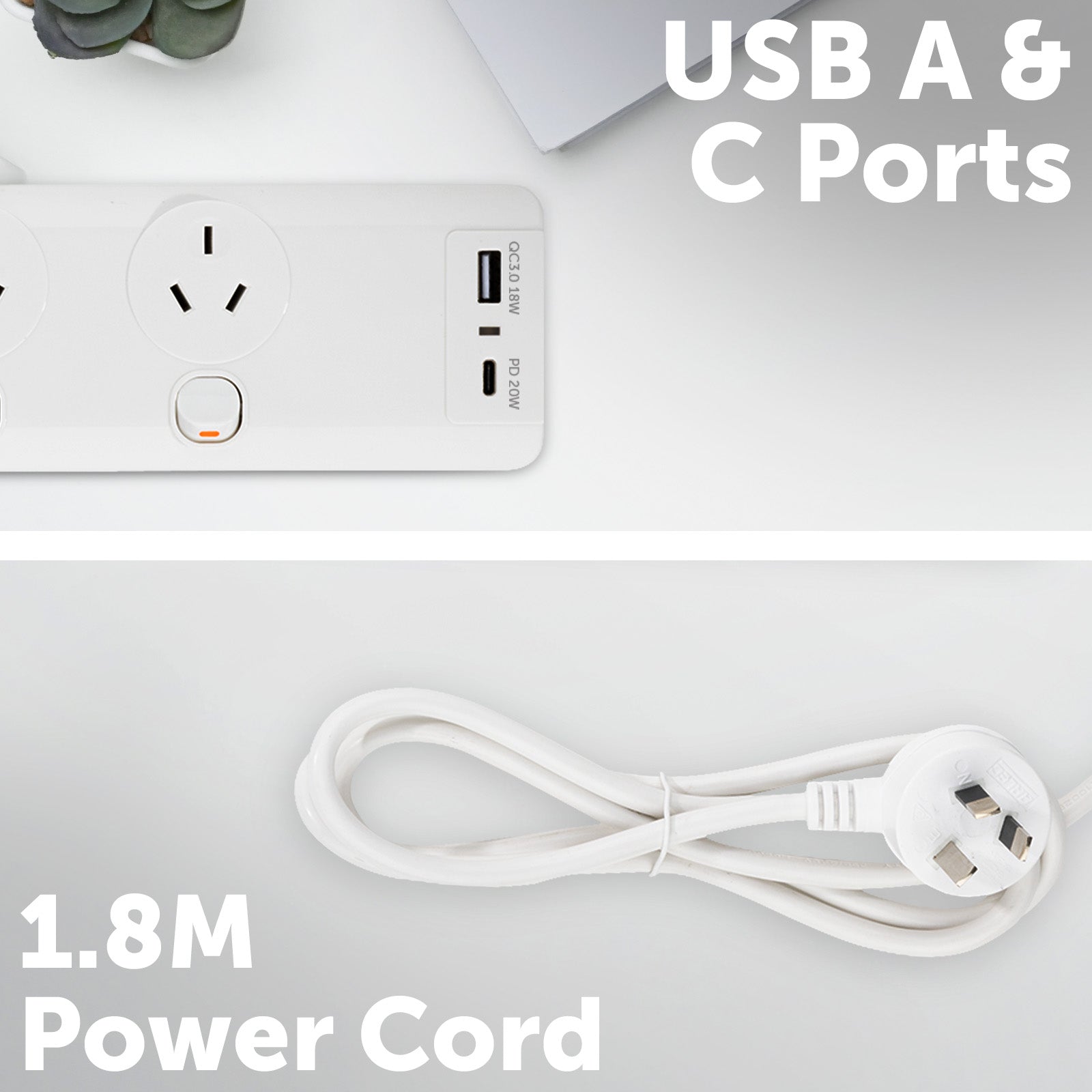 Arlec 6 Outlet Surge Protected Powerboard with PD20W Rapid Charging USBs - USB fast charging board, surge protected extension, 6 outlet home office board