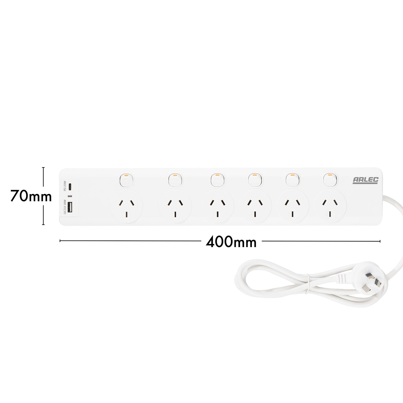 Arlec 6 Outlet Surge Protected Powerboard with PD20W Rapid Charging USBs - USB fast charging board, surge protected extension, 6 outlet home office board