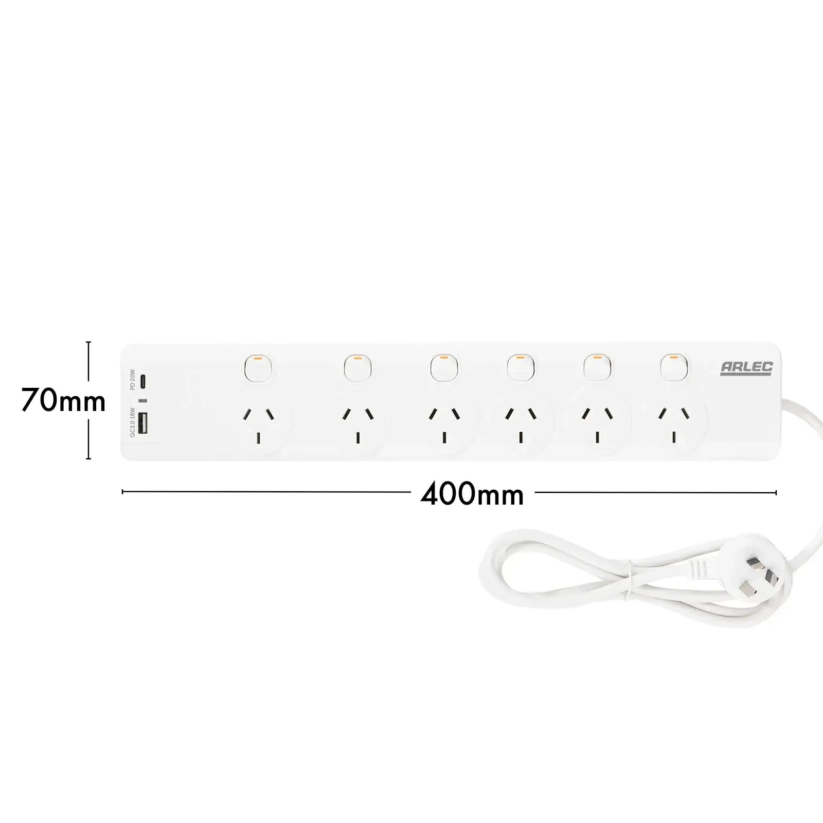 Arlec 6 Outlet Surge Protected Powerboard with PD20W Rapid Charging USBs - USB fast charging board, surge protected extension, 6 outlet home office board