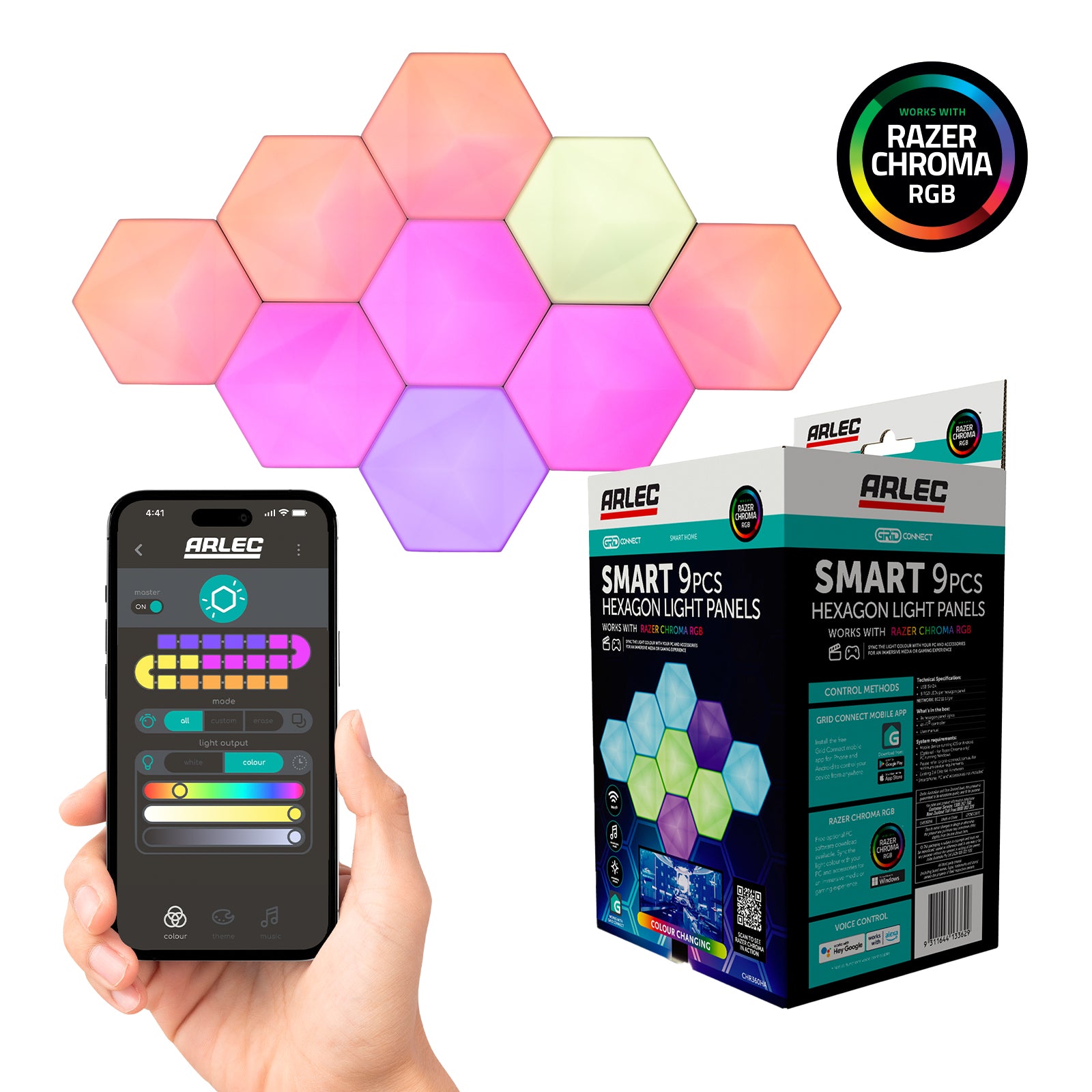 Arlec Grid Connect Smart Modular Hexagon Lights 9pk with Razer Chroma