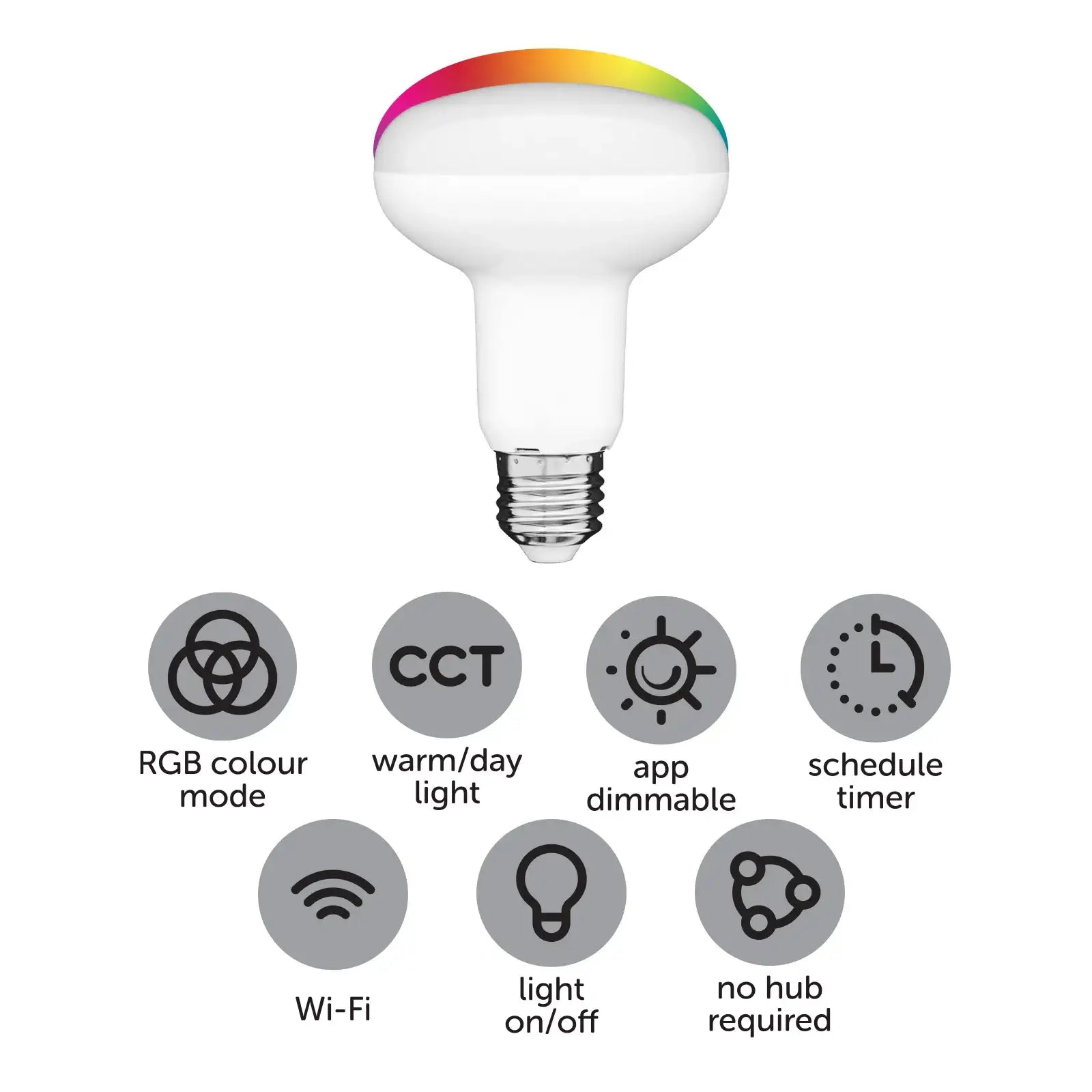 R80 smart LED globe with CCT colour modes, Wi-Fi control, Grid Connect app, and voice assistant compatibility