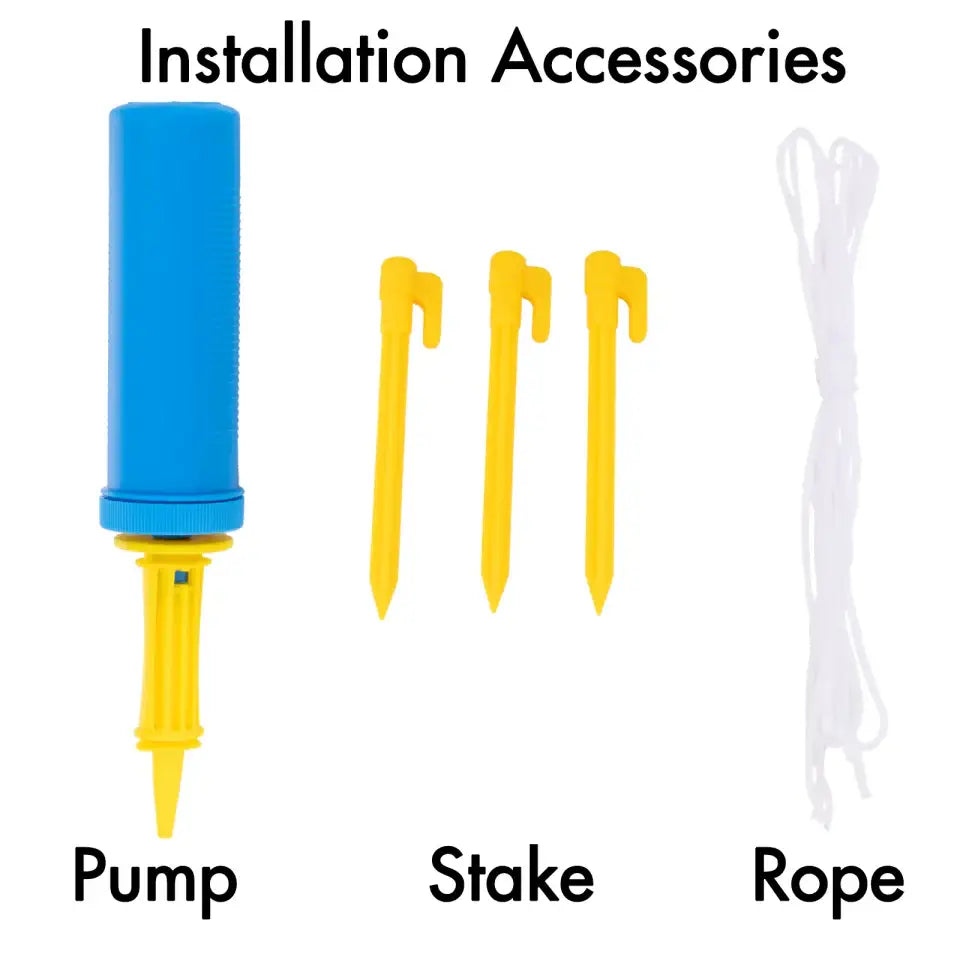 Installation accessories with blue pump, three yellow stakes, and white rope on white background