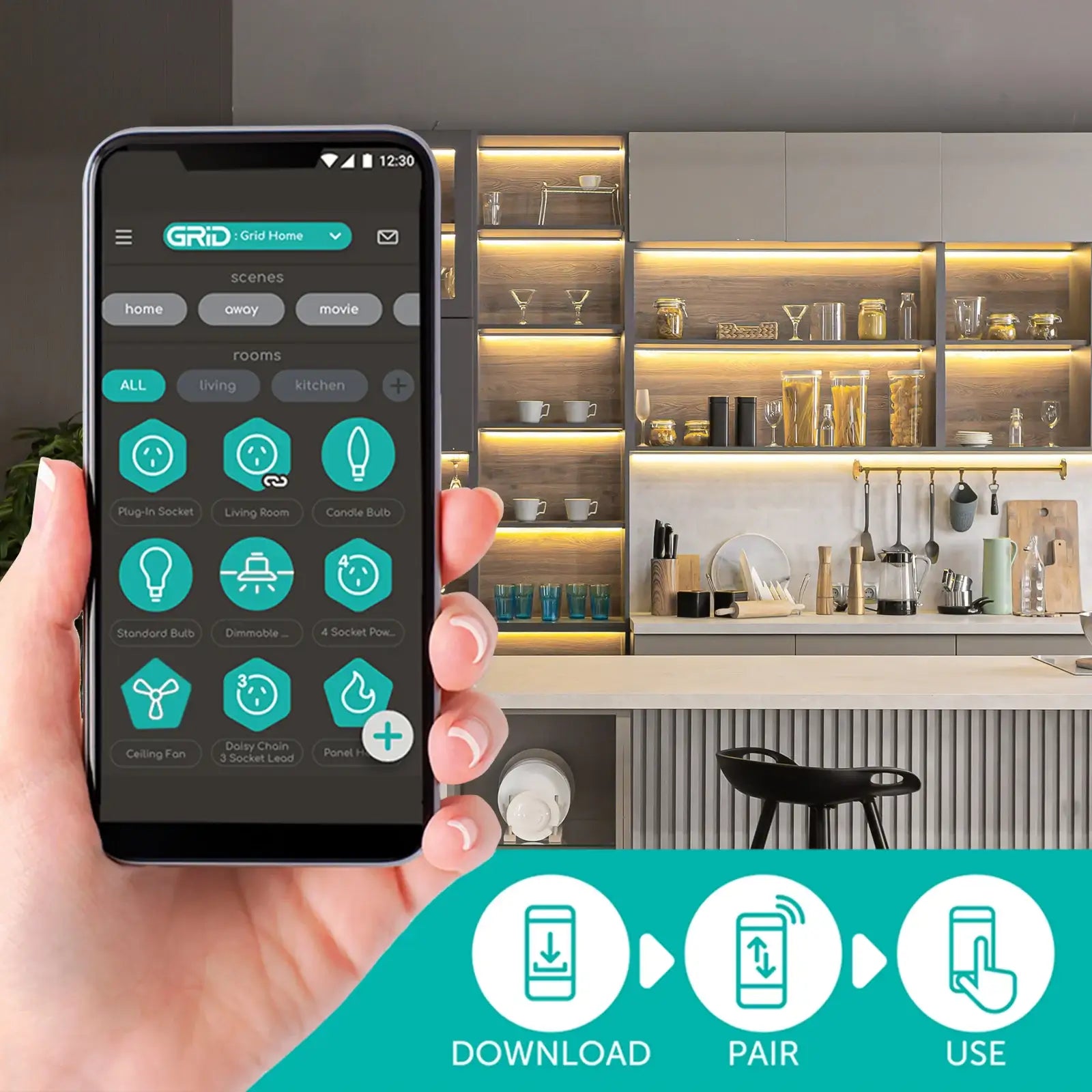 10m smart RGB LED strip light with sound sync, Wi-Fi control, music modes, and customizable segments