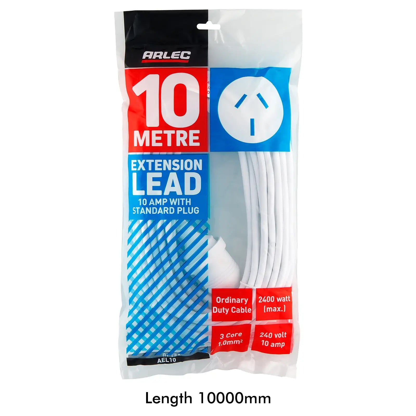 Arlec 10m Household Extension Lead White - 10m extension lead, household power cable, indoor extension cord