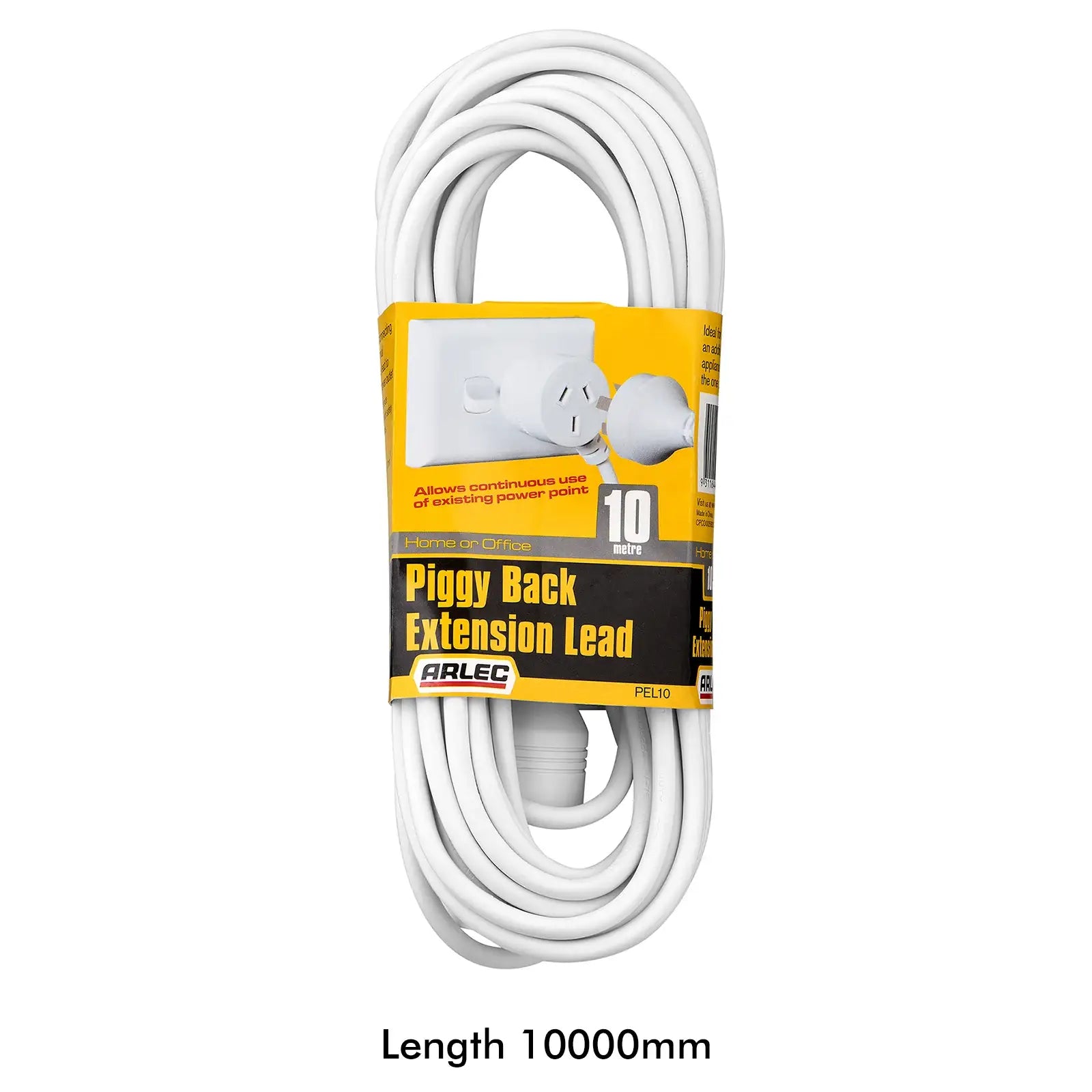 Arlec 10m piggyback extension lead – white cord with side entry plug