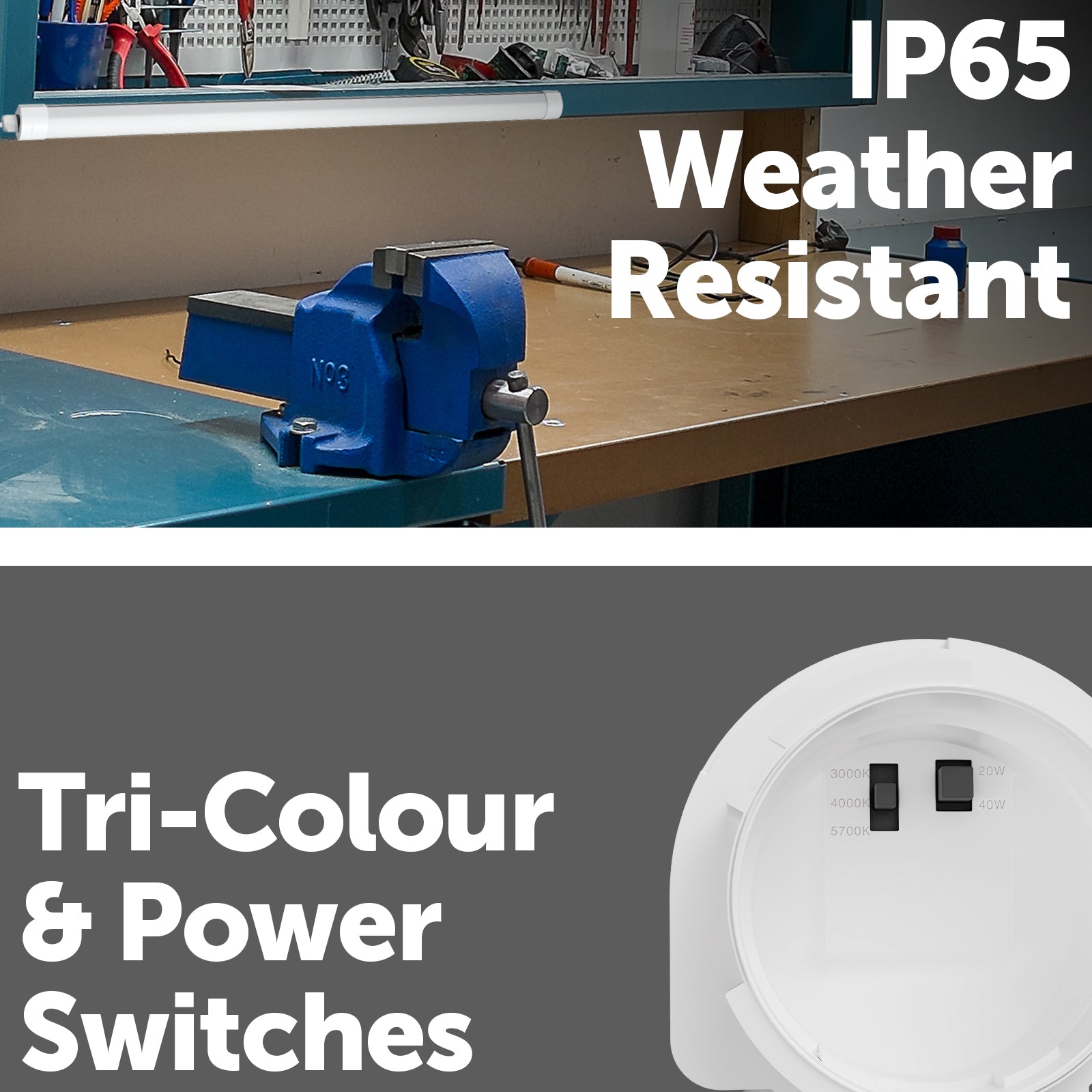 Arlec 120cm tri-proof DIY LED batten – dual power & tri-colour waterproof garage light