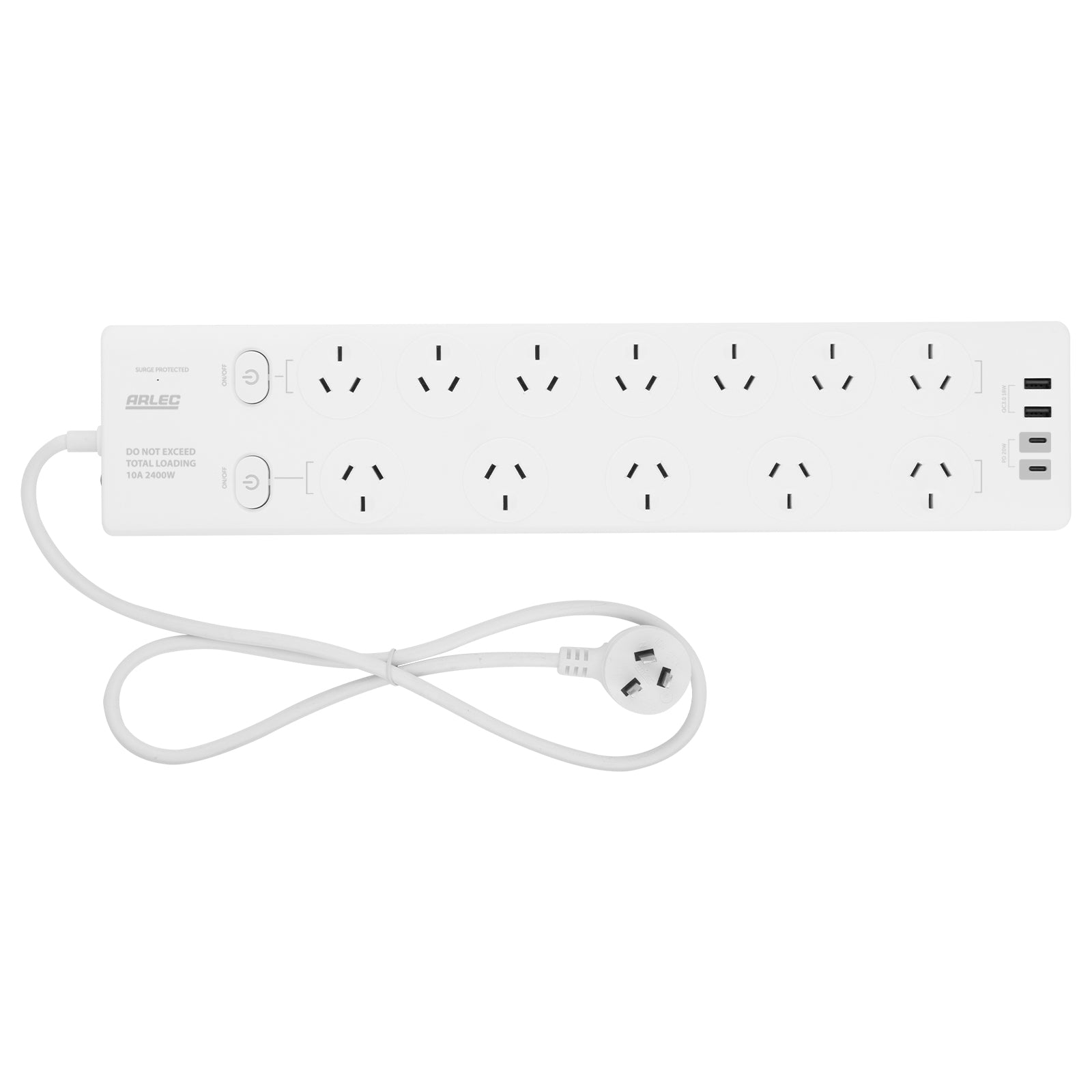 Arlec 12 Outlet Surge Protected Powerboard With PD20W Rapid Charging USB 2xA And 2xC - PD20W powerboard, USB charging strip, surge protected 12 socket board