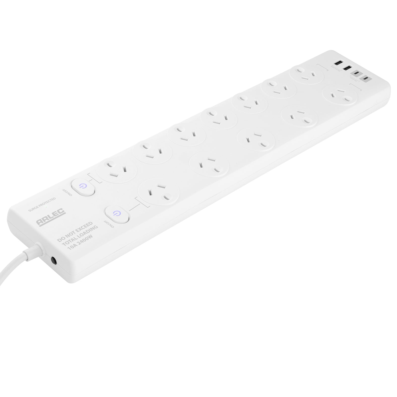 Arlec 12 Outlet Surge Protected Powerboard With PD20W Rapid Charging USB 2xA And 2xC - PD20W powerboard, USB charging strip, surge protected 12 socket board