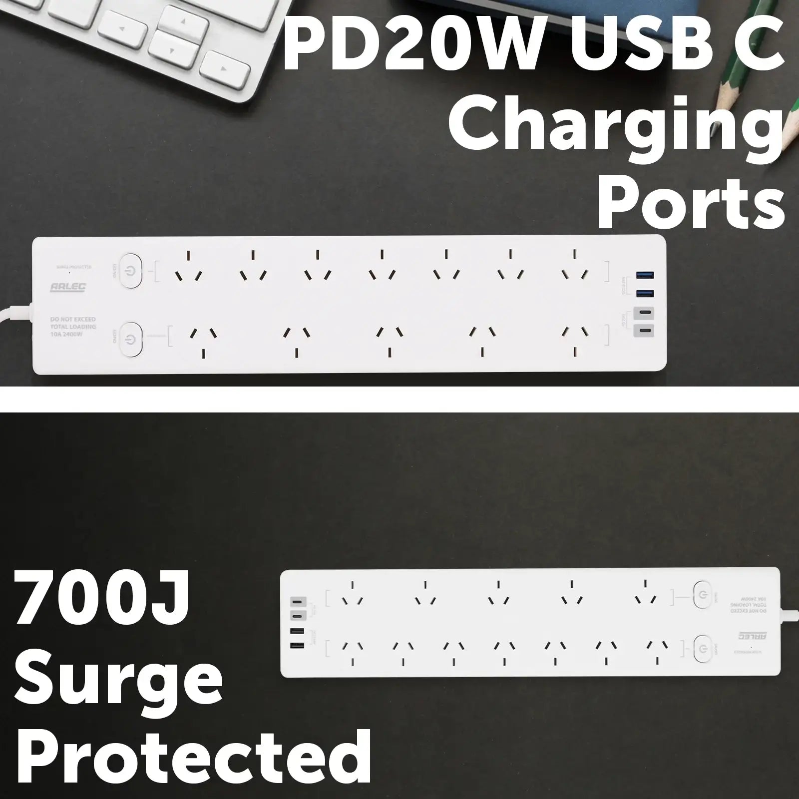 Arlec 12 Outlet Surge Protected Powerboard With PD20W Rapid Charging USB 2xA And 2xC - PD20W powerboard, USB charging strip, surge protected 12 socket board