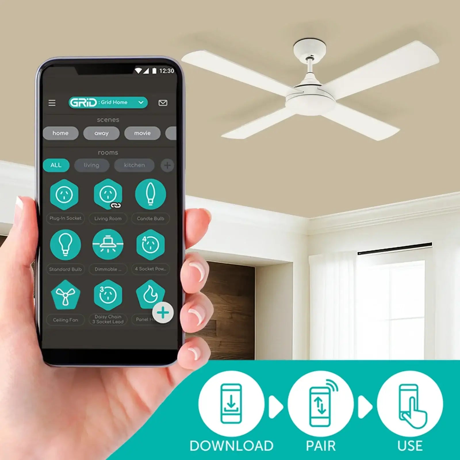 Arlec 130cm smart white ceiling fan with remote and 4 plywood blades