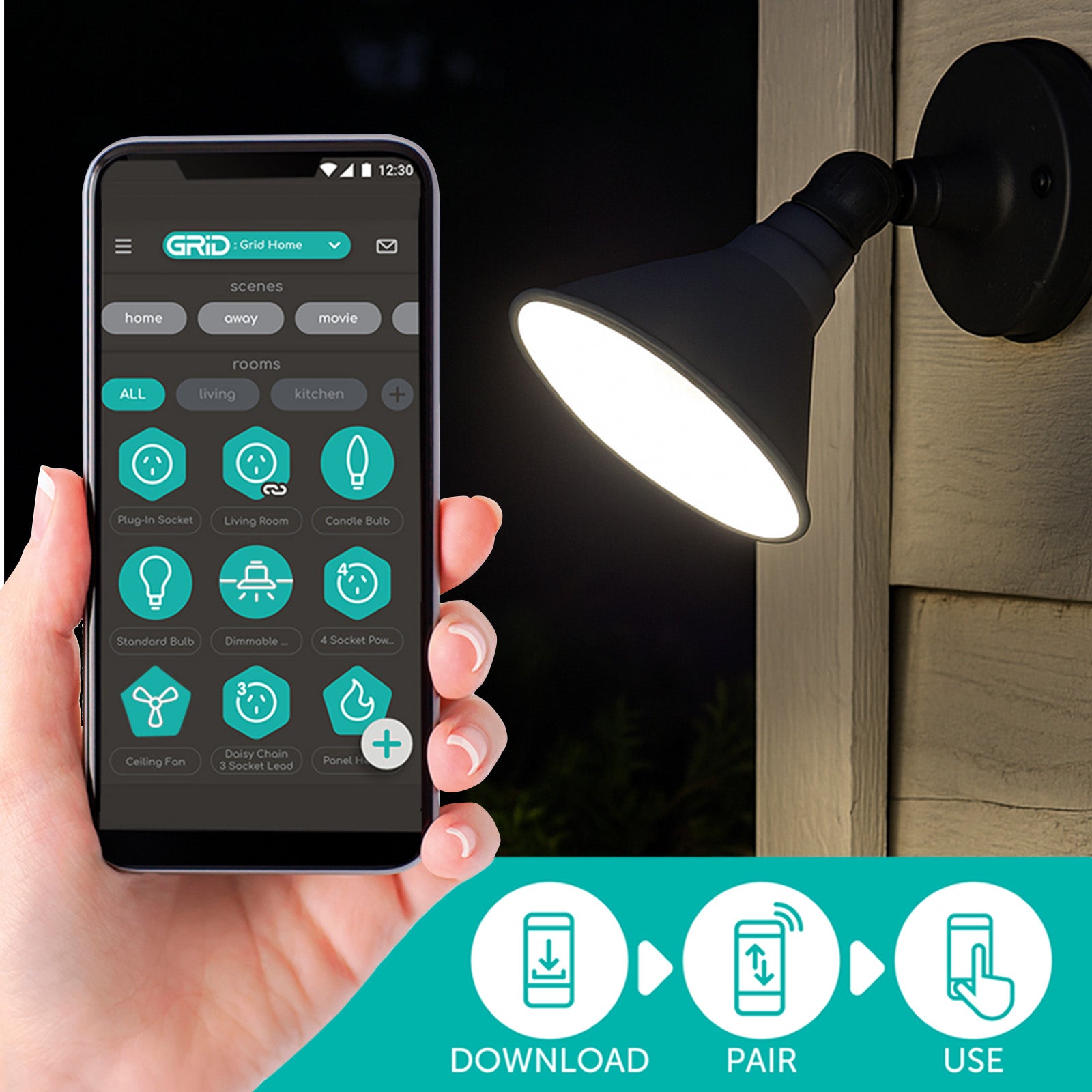 Smart PAR38 LED globe with RGB + CCT, IP44 rated, Grid Connect app, Google and Alexa compatible