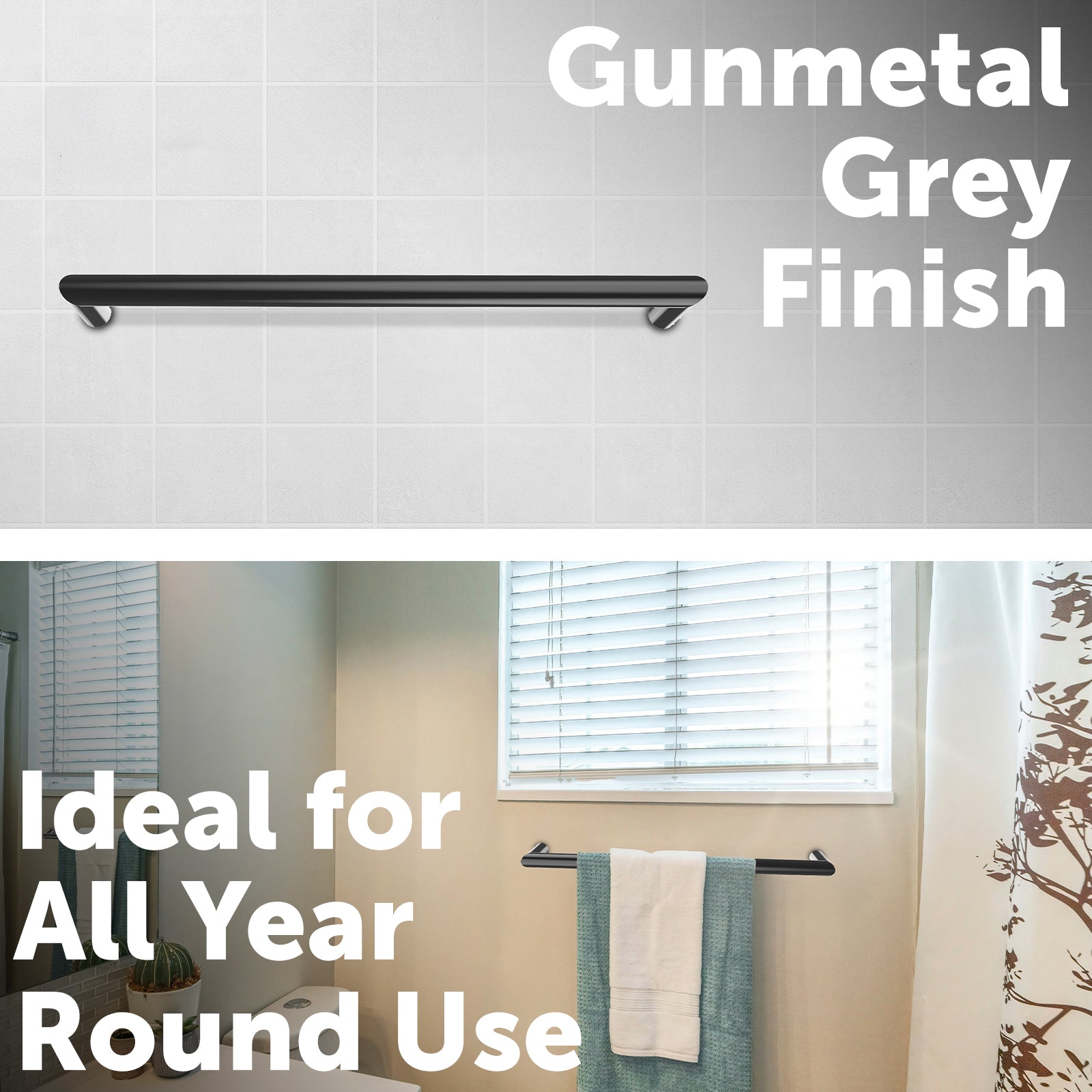 Arlec 15W gunmetal grey heated towel rail single bar, stylish bathroom accessory