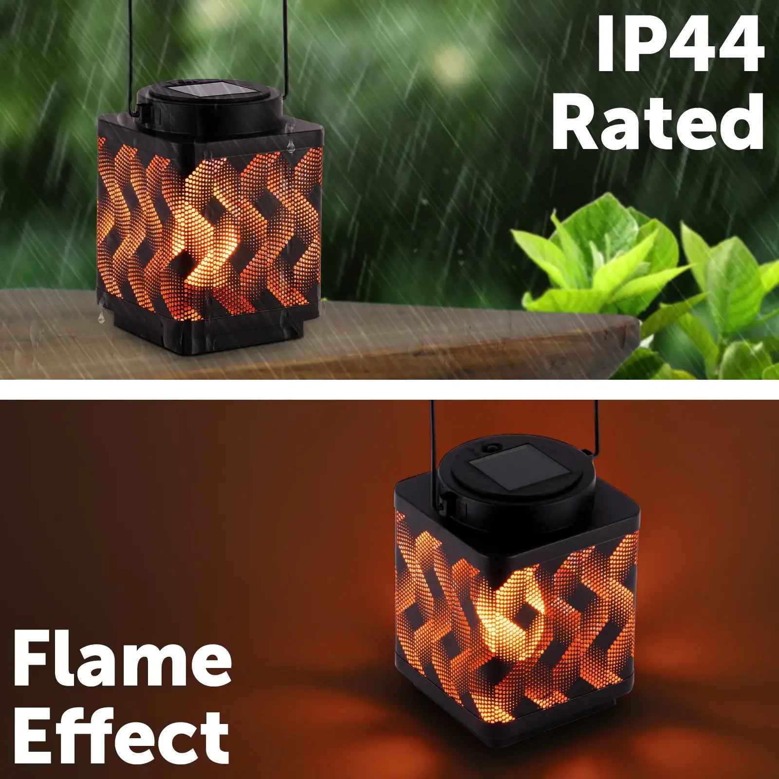 Arlec 15cm LED diagonal flame effect solar lantern – decorative outdoor garden light with dusk sensor and IP44 weatherproof rating