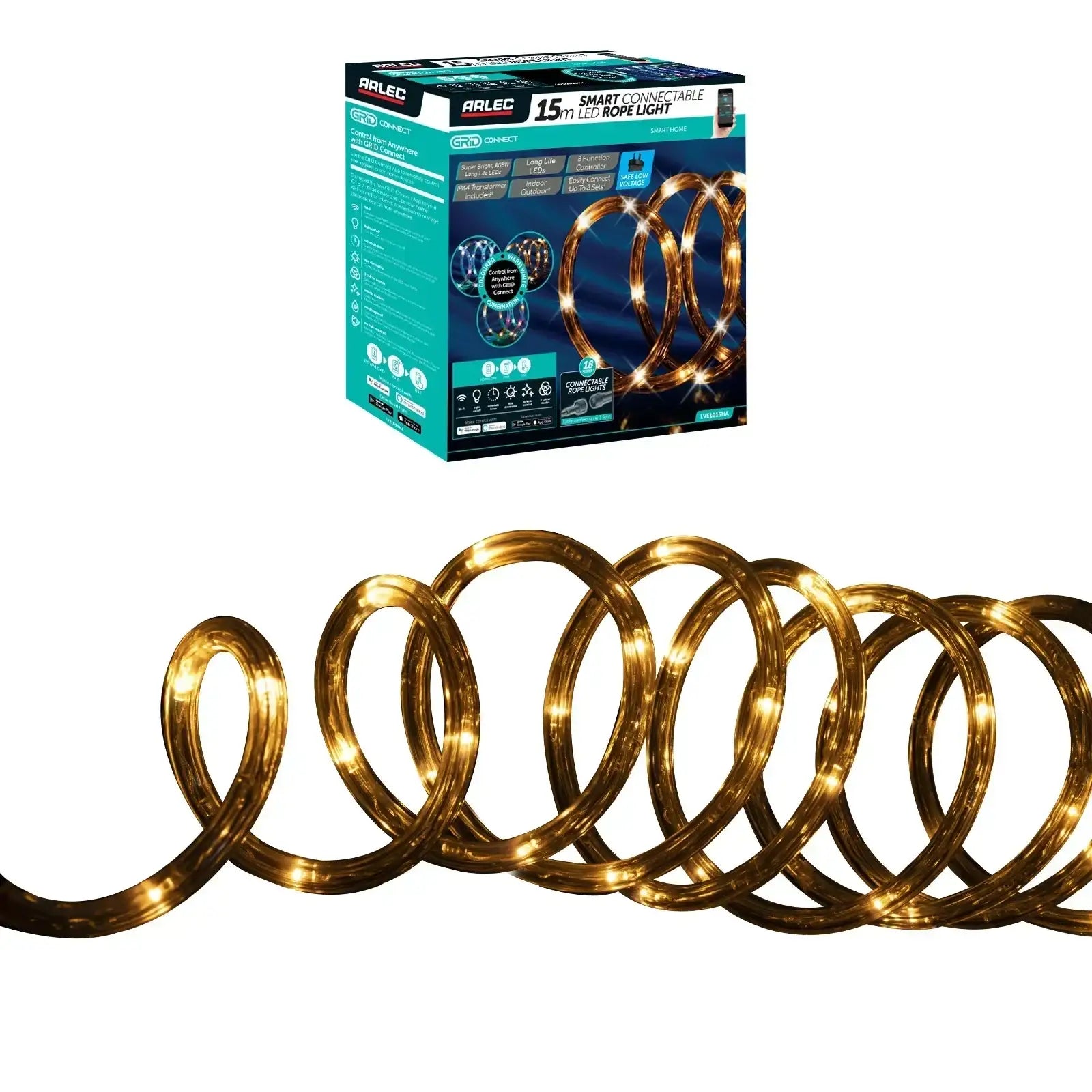 Smart RGB rope light 15m, app dimmable, timer function, suitable for indoor and outdoor, voice control ready