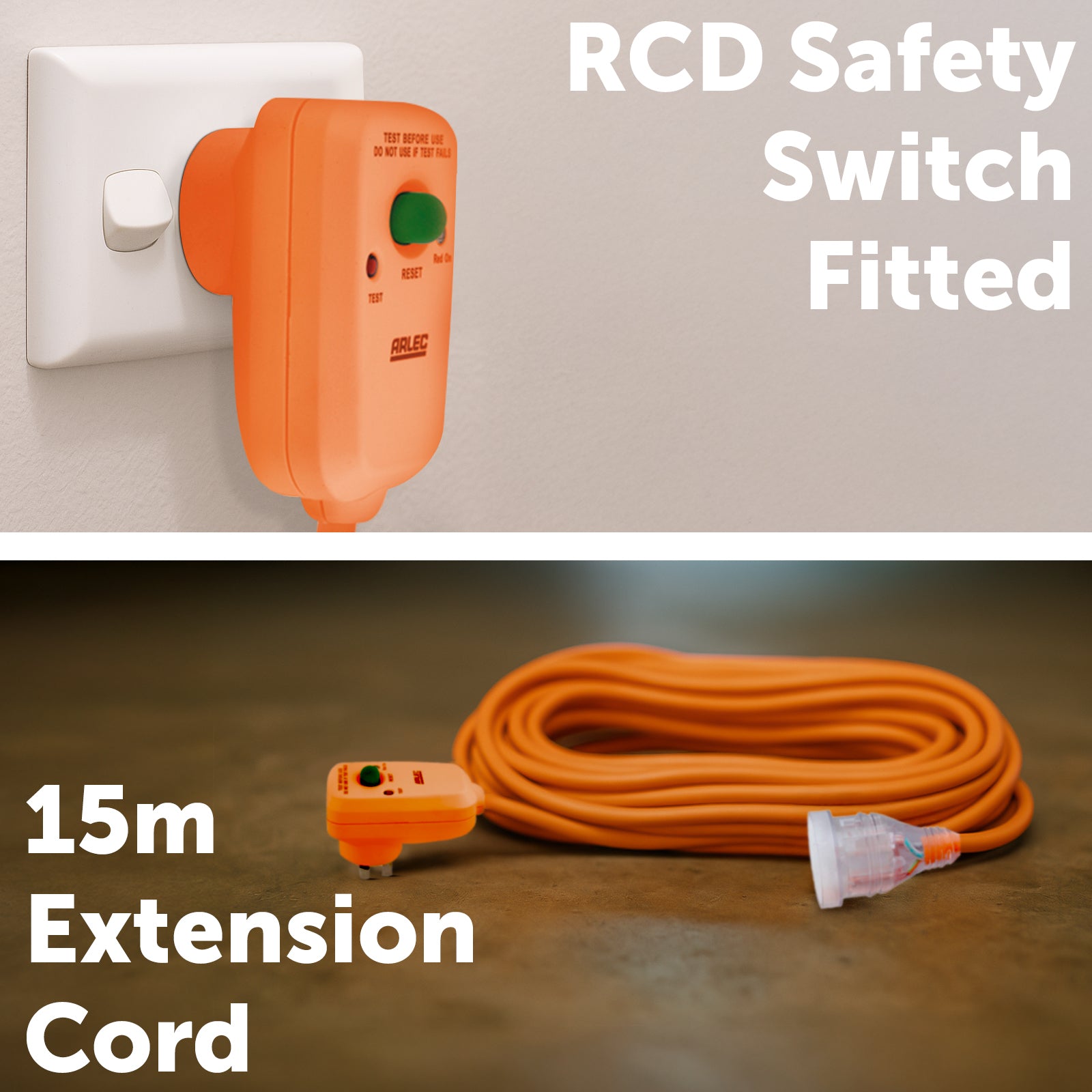 15m orange safety switch extension lead – Arlec in-line protection