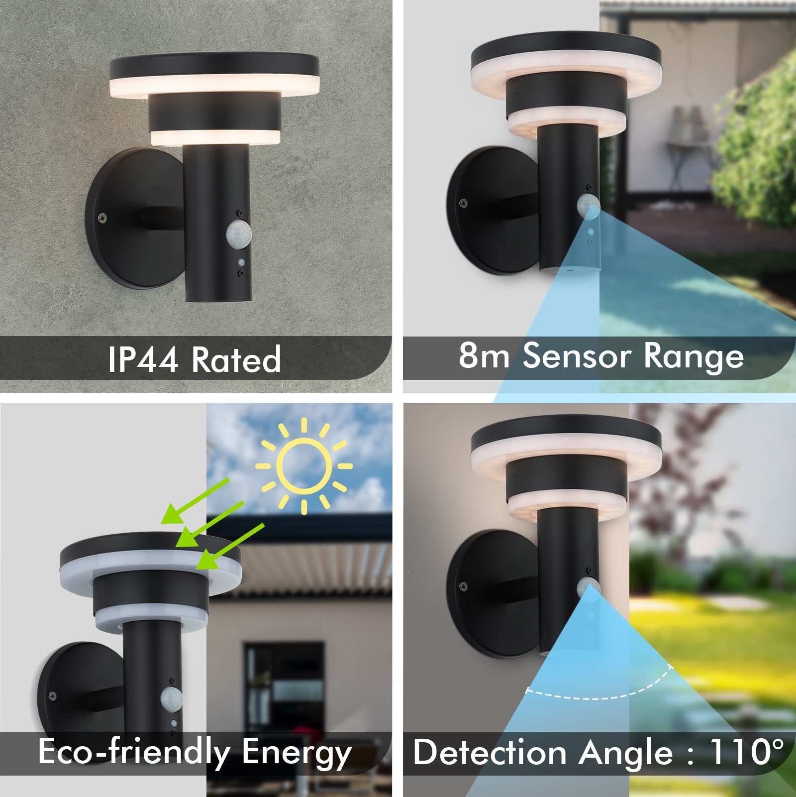 Arlec 18.2cm Black 400lm Solar LED Wall Light With Sensor - solar powered light, motion sensor light, exterior wall light, energy efficient LED