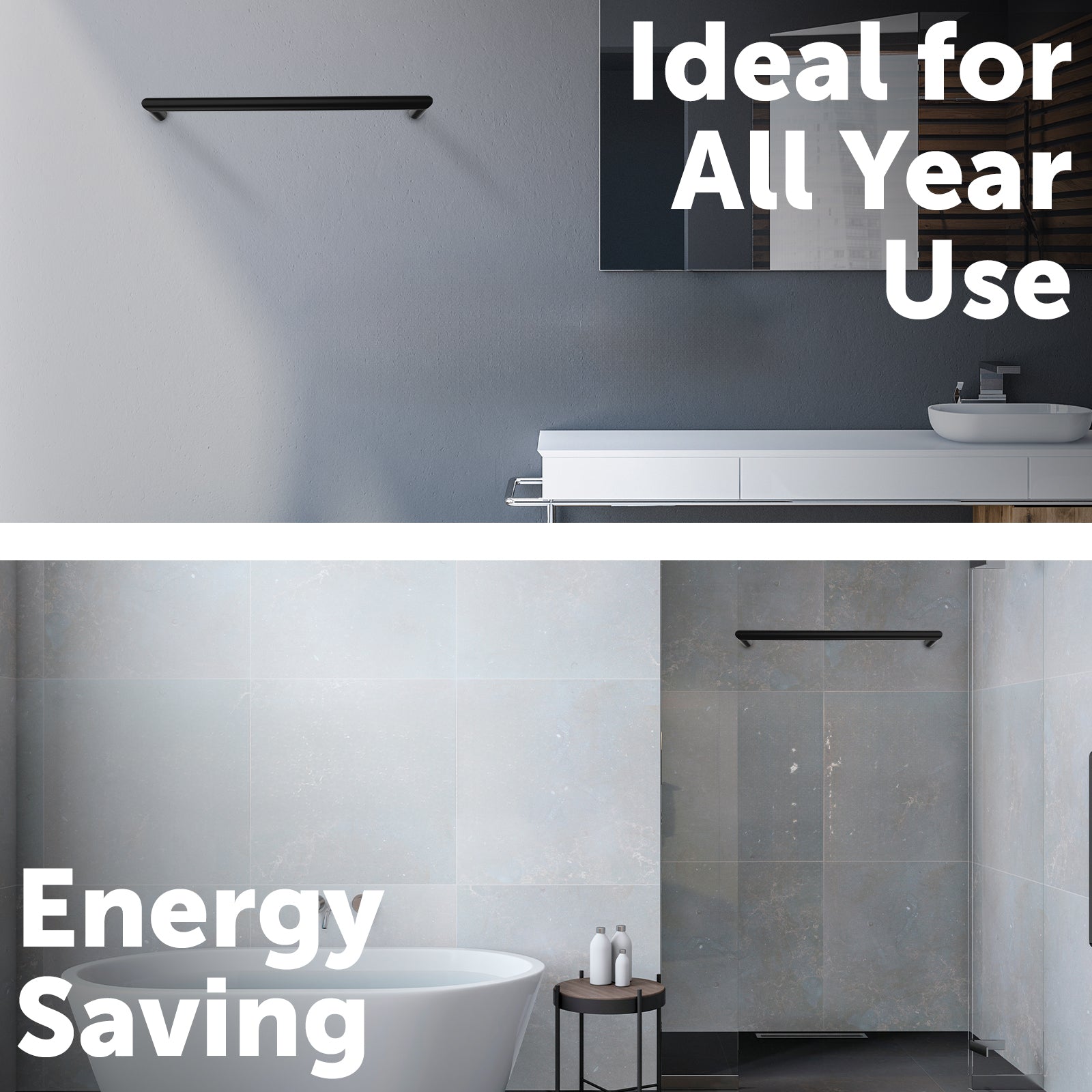 Arlec 18W matte black single bar heated towel rail for modern bathrooms