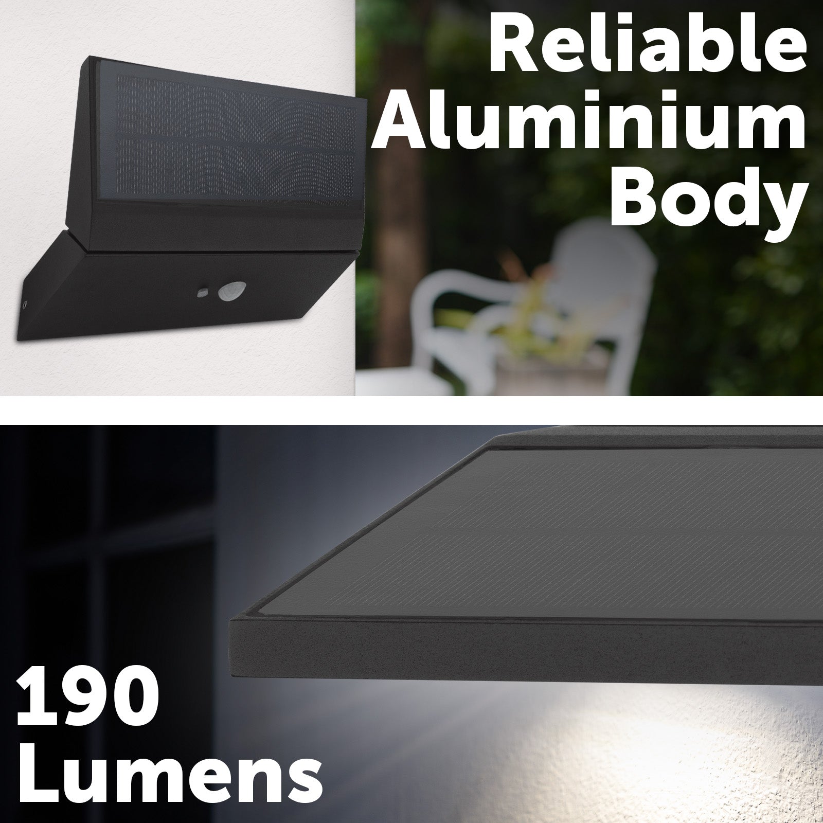 Arlec 190L Premium Solar LED Wall Light With Motion Sensor - solar powered light, motion sensor light, exterior wall light, energy efficient LED