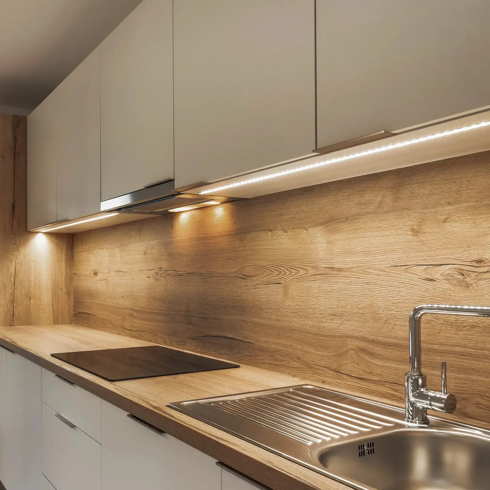 Arlec corner LED strip light, warm white tri-colour accent lighting, DIY 1m strip for cabinets