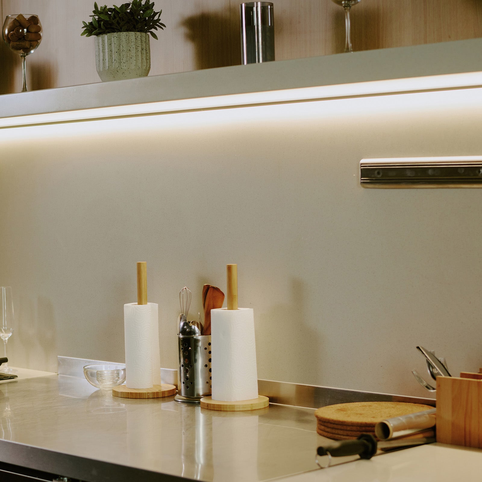 Arlec corner LED strip light, warm white tri-colour accent lighting, DIY 1m strip for cabinets