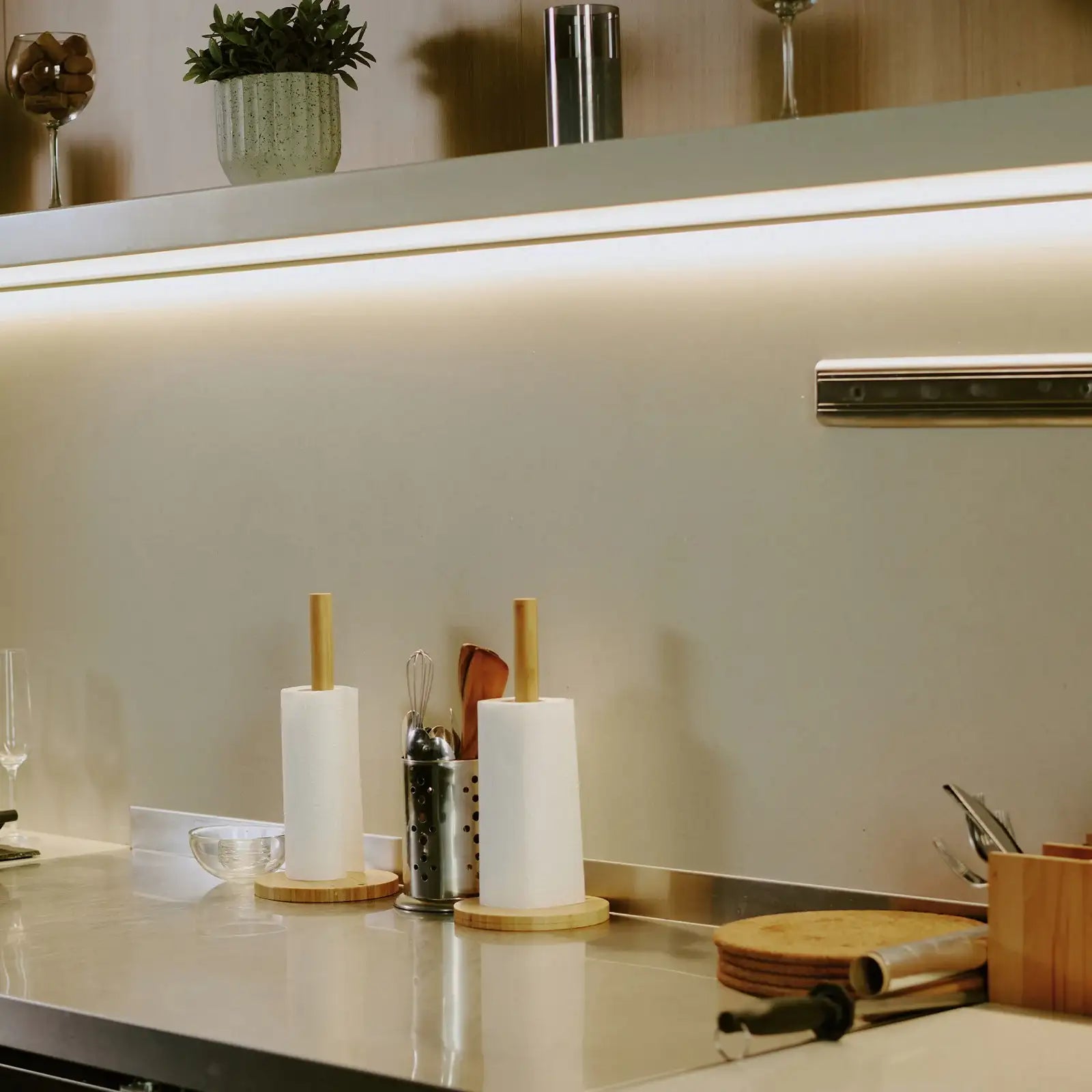 Arlec corner LED strip light, warm white tri-colour accent lighting, DIY 1m strip for cabinets