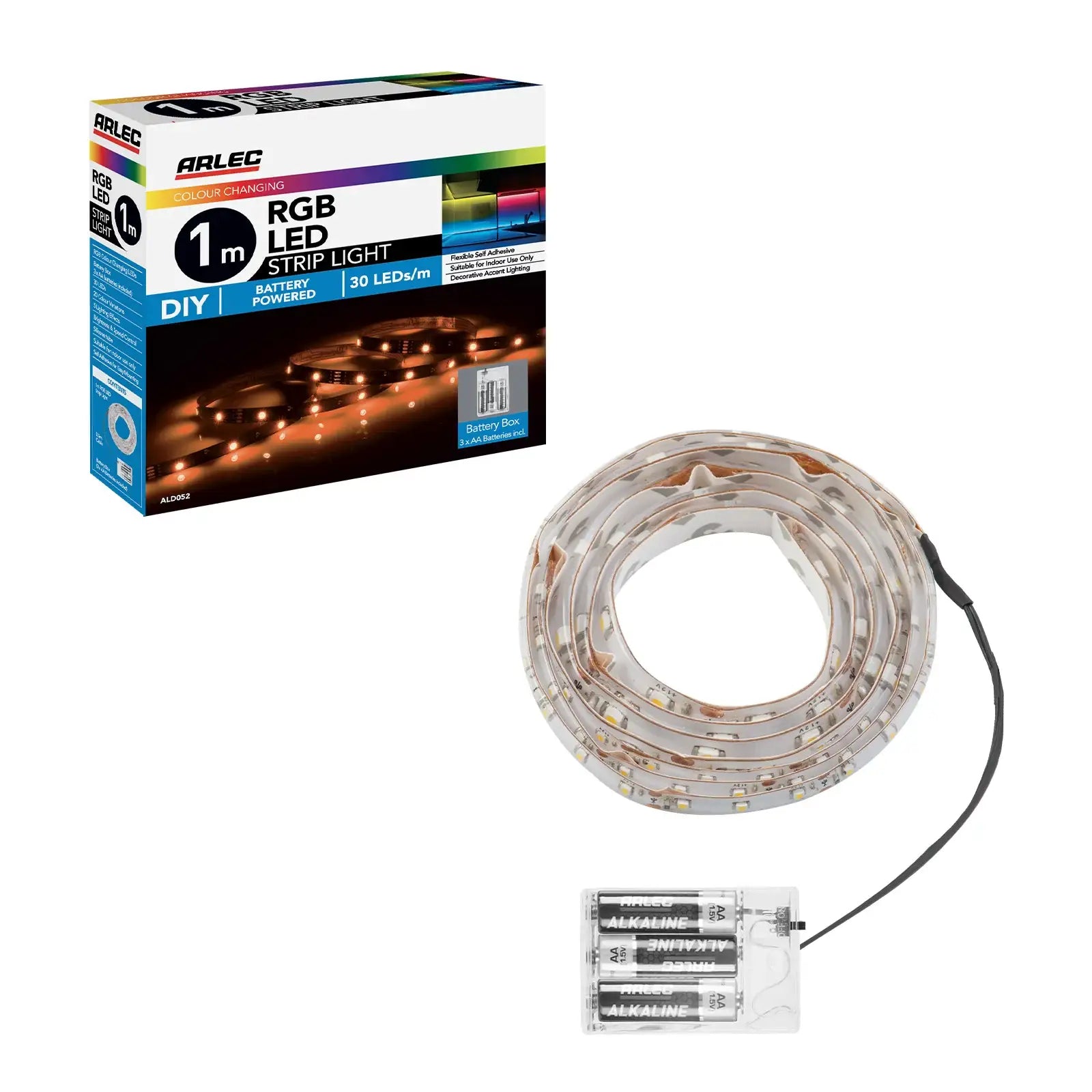 1m RGB LED battery strip light by Arlec, portable multicolor lighting