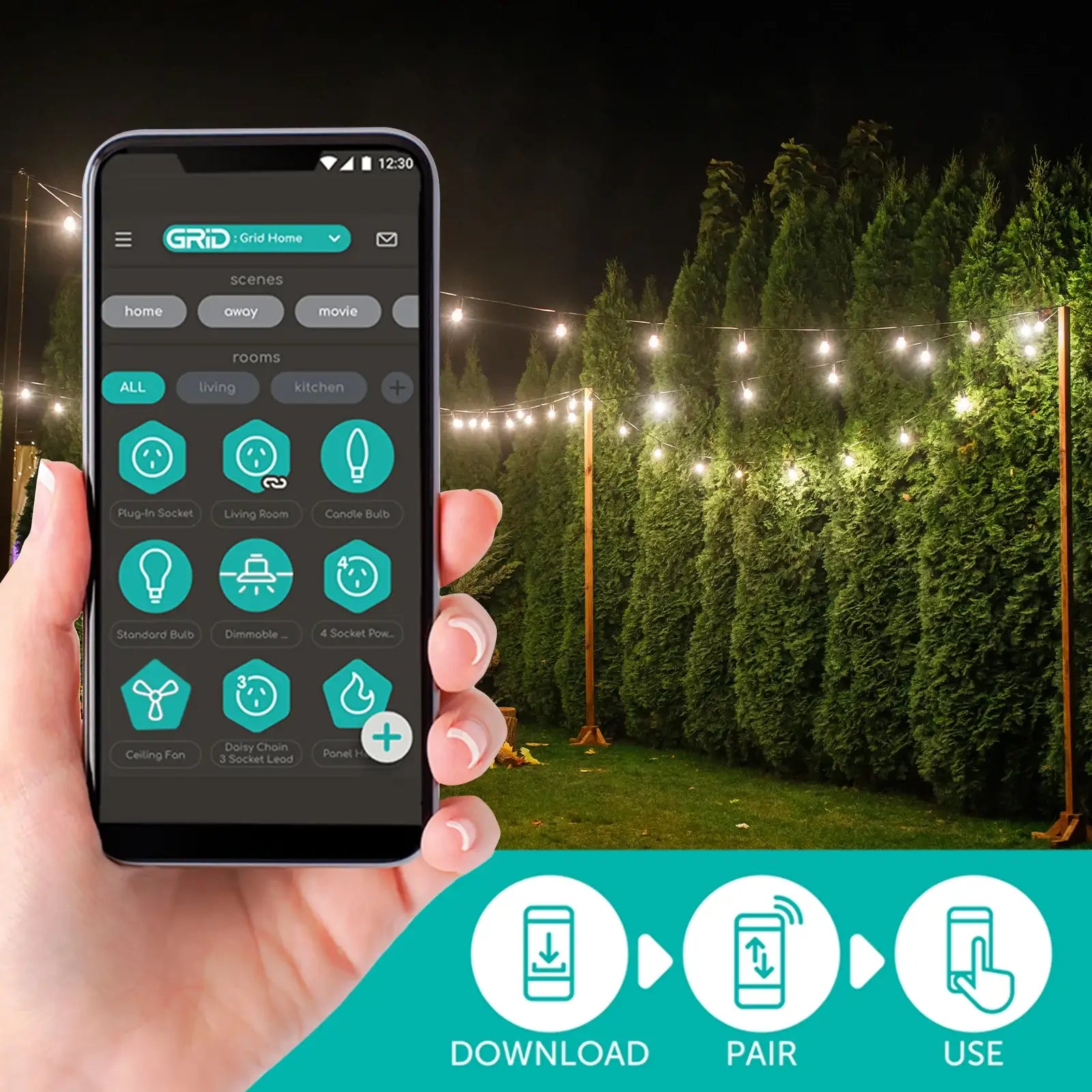 Hand holding smartphone with smart LED festoon lights app, outdoor garden string lights at night