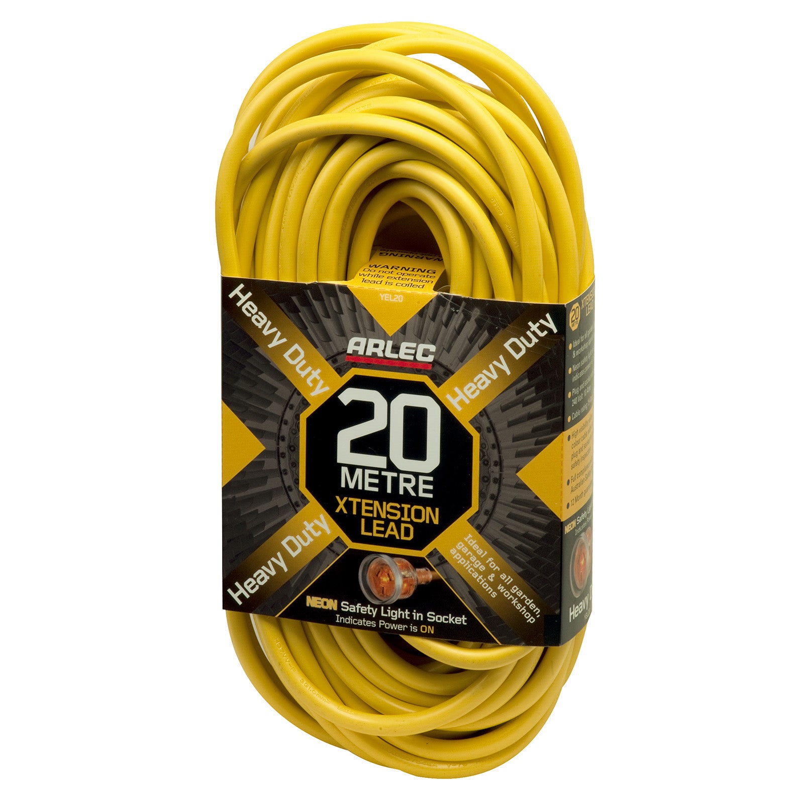 20m heavy duty yellow extension lead – Arlec 10A 3 core cable