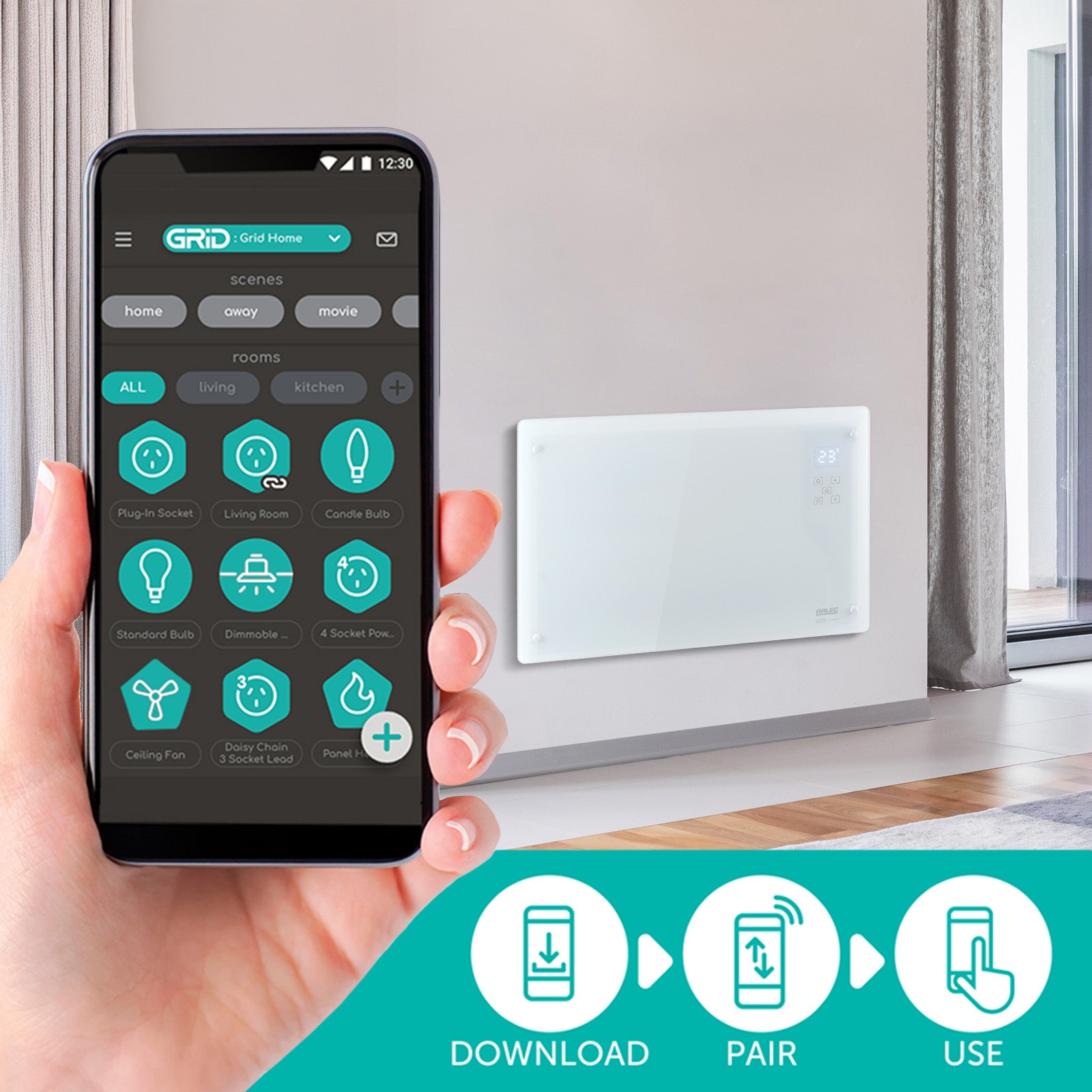 arlec 2200w smart convection panel heater – white smart home heater; grid connect wall heater; remote controlled panel heater