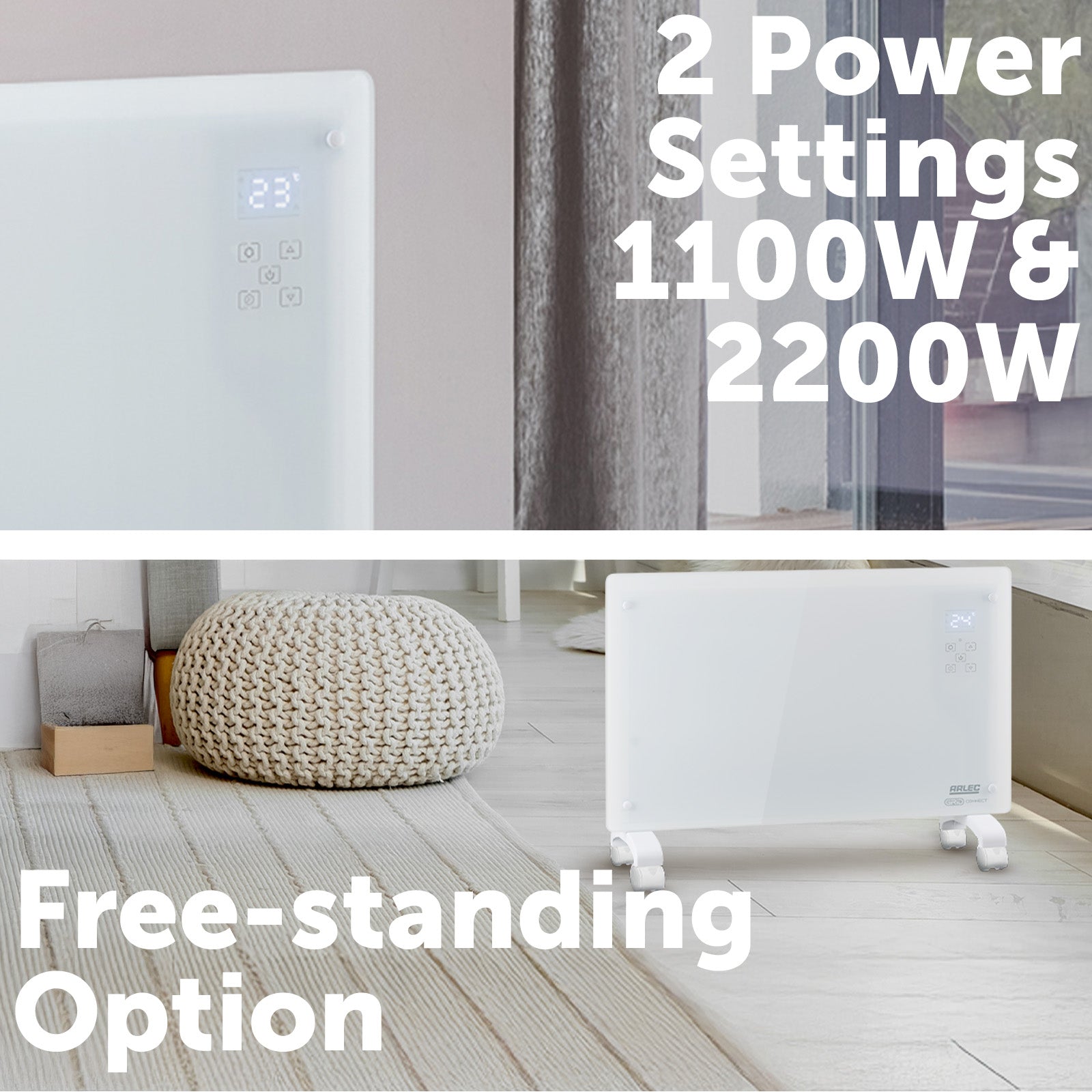 arlec 2200w smart convection panel heater – white smart home heater; grid connect wall heater; remote controlled panel heater
