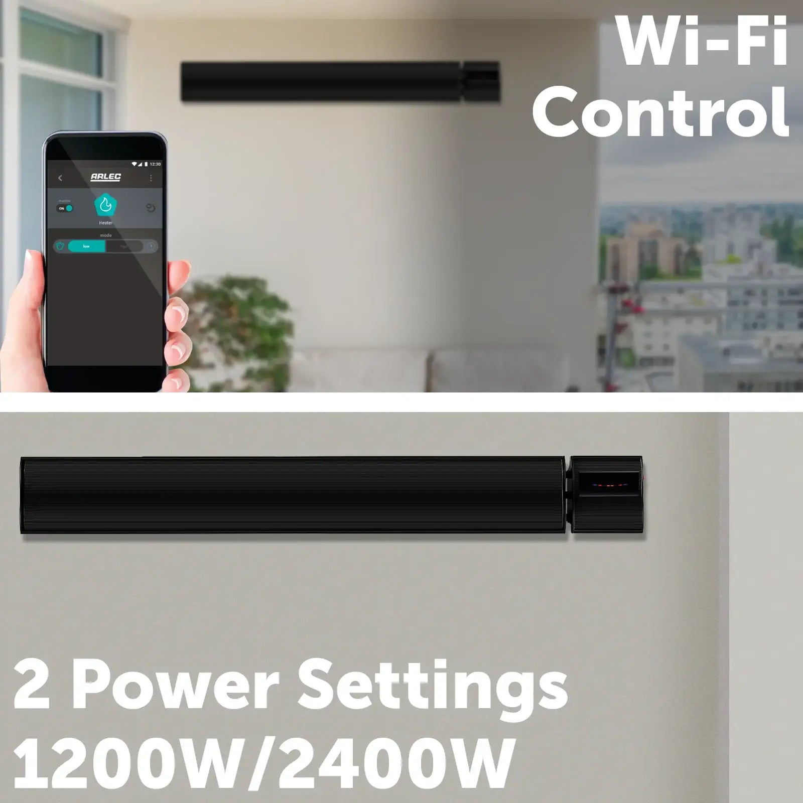 arlec 2400w alfresco strip heater – black outdoor radiant heater; grid connect smart heater; stylish wall or ceiling mount heater