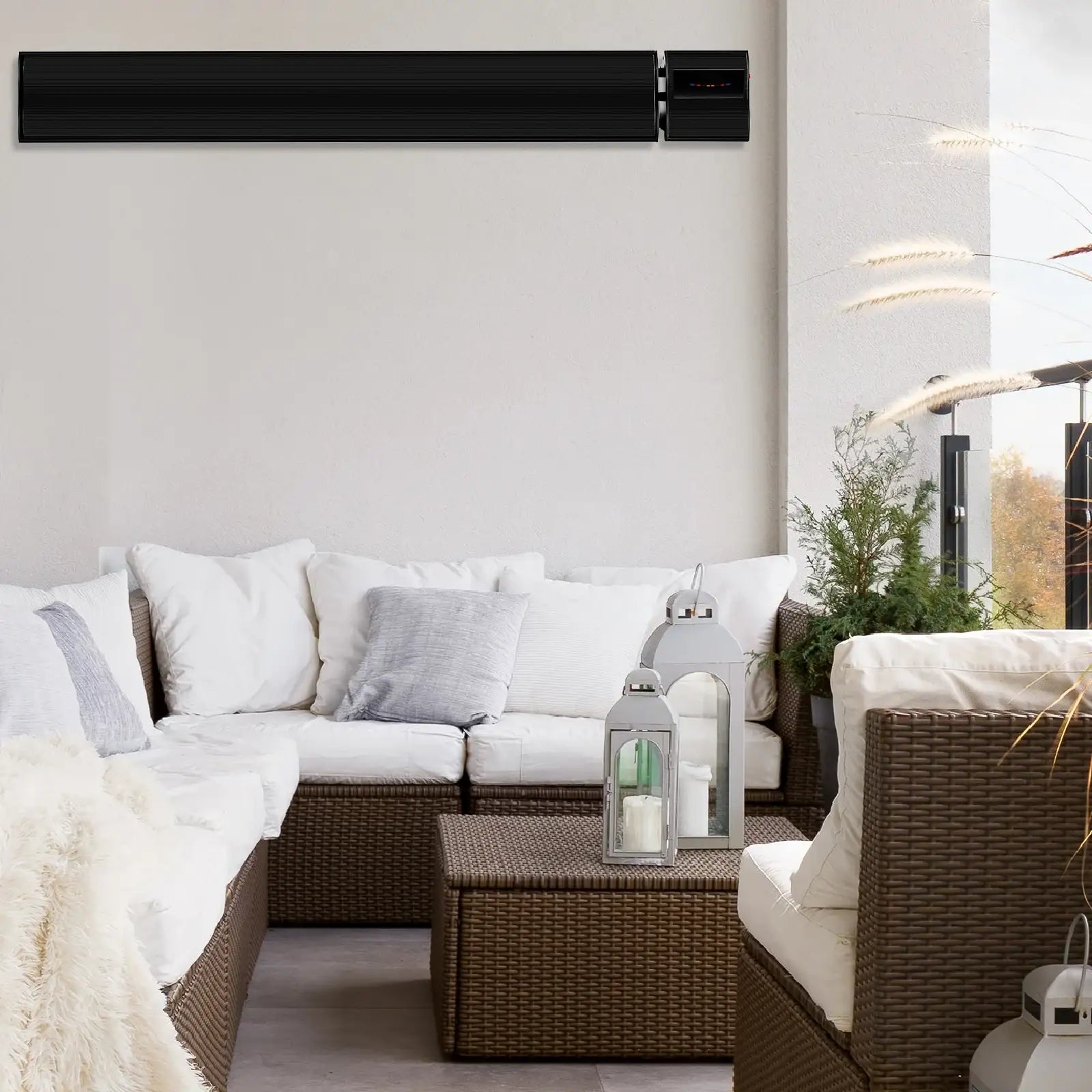 arlec 2400w alfresco strip heater – black outdoor radiant heater; grid connect smart heater; stylish wall or ceiling mount heater