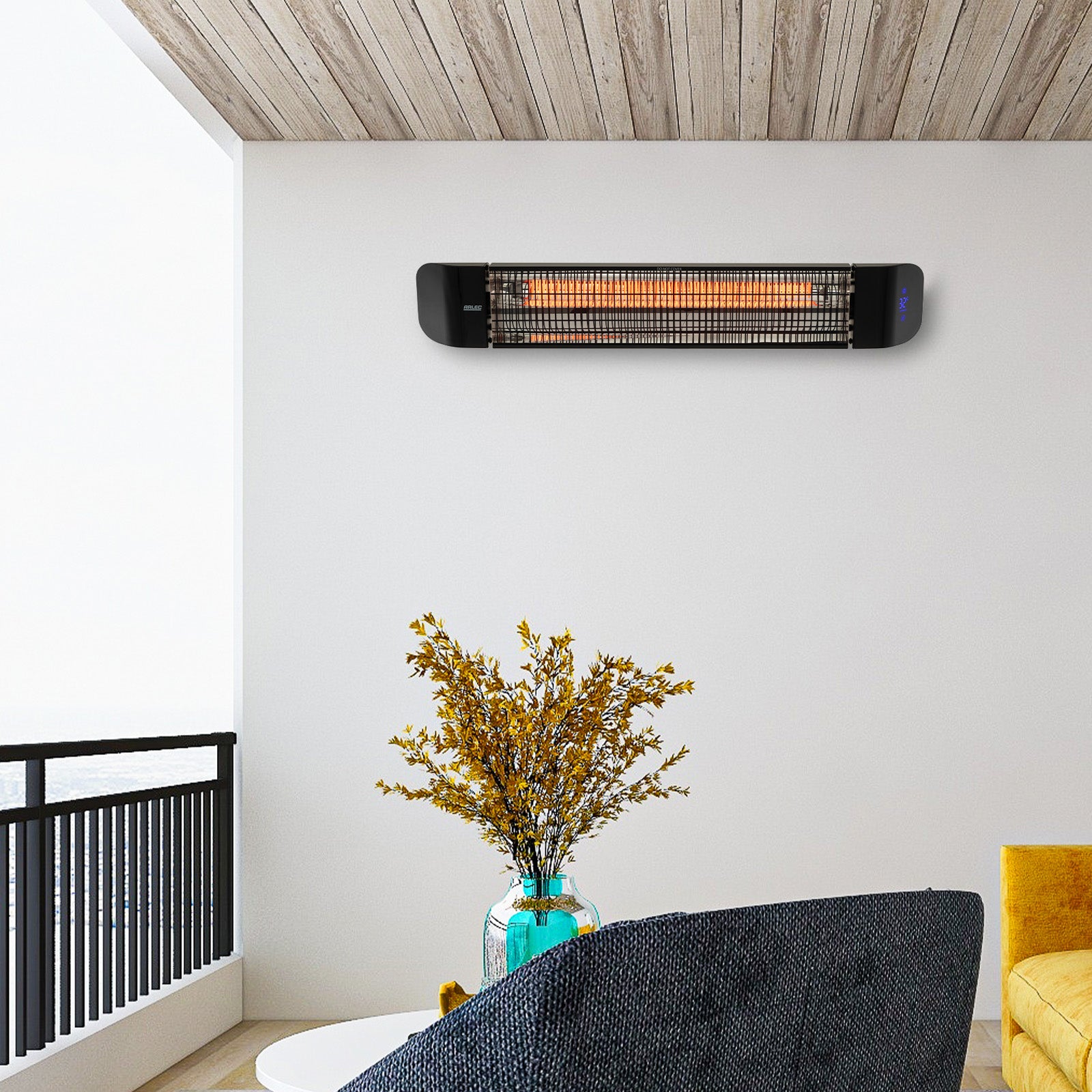 arlec 2400w infrared strip heater – outdoor radiant heater; black wall-mounted heater; grid connect smart heating for alfresco areas