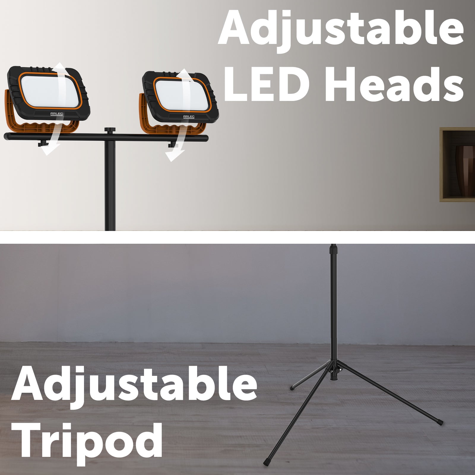 Twin 20W rechargeable LED work light with tripod, cordless operation, IP65