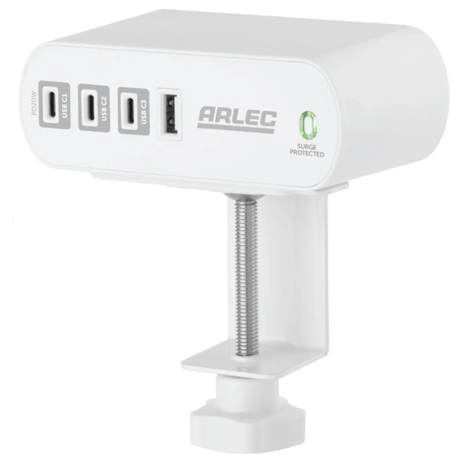 Arlec 2 Outlet PD20W USB C Powerboard With Desktop Clamp - desktop clamp board, USB-C powerboard, compact surge protected extension